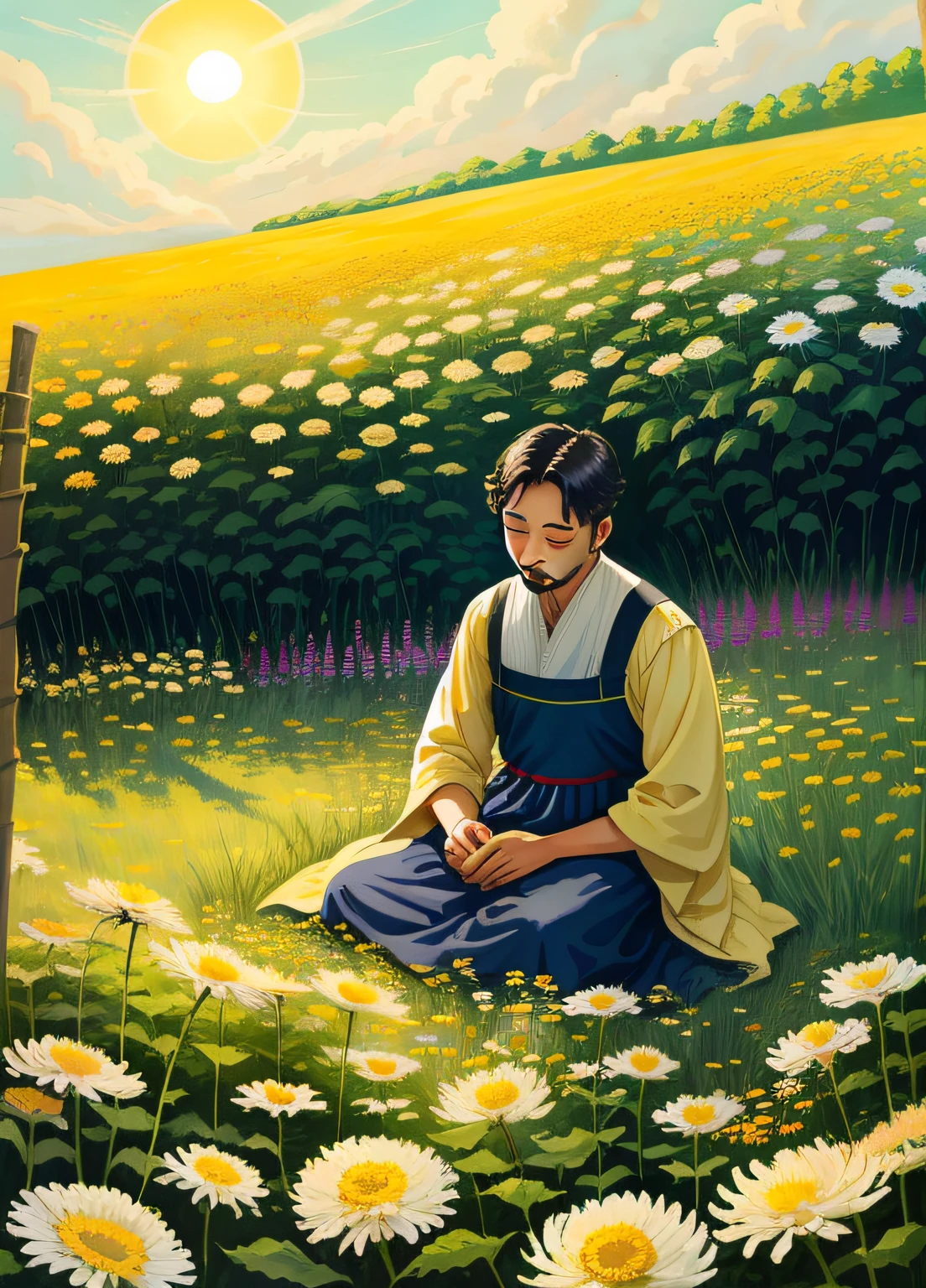 The poet picks chrysanthemums in the picture,A poet dressed in period costume,Sit under the east fence,Holding a thin rod to pick chrysanthemums。It is surrounded by lush wildflowers and a verdant fence,Reflecting his leisure and ease。The sun shines on him through the leaves,It creates a tranquil atmosphere。