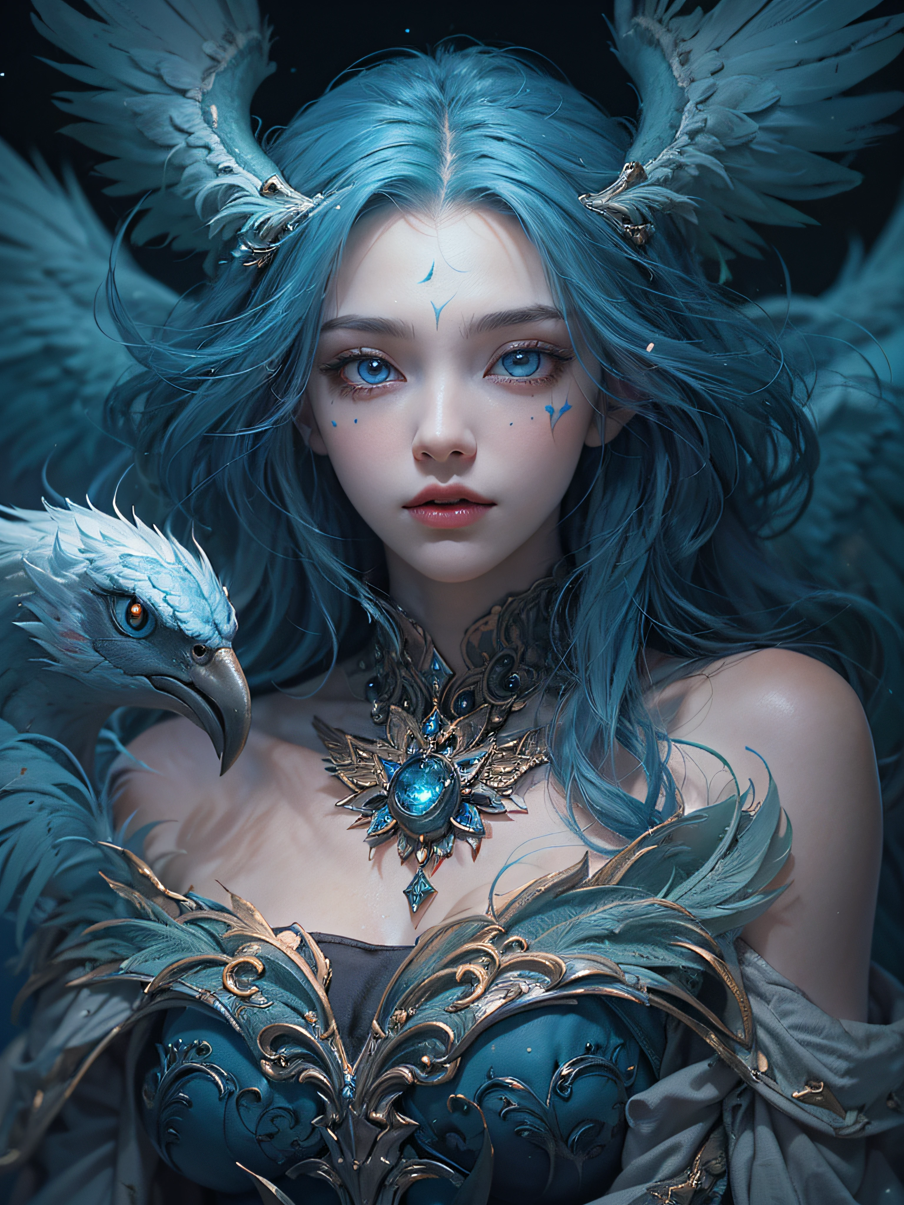Death,blood,night, dark, (Fantasy),Infinite,deep blue sky,The abyss of knowledge,kowledge,(((masterpiece))),((best quality))),((beautiful fine eyes)),(eyelashes), monster, (one girl), blue-haired, long-haired, abyss-abyss eyes, glossy skin, oil, small, (bird body, feathers), tattered cloth, teen, elf, super fine CG unity 8k wallpaper, masterpiece, ((super detailed)), ((illustration)),colorful,wallpaper,energy,fear of the unknown,puzzle,around magic,magic periphery,magic wand,book,flying page,knowing everything,predicting future,knowing the past,infinite wisdom,blue flame,warlock,magic circle, five-pointed stars, spells, mantras, singing magic,