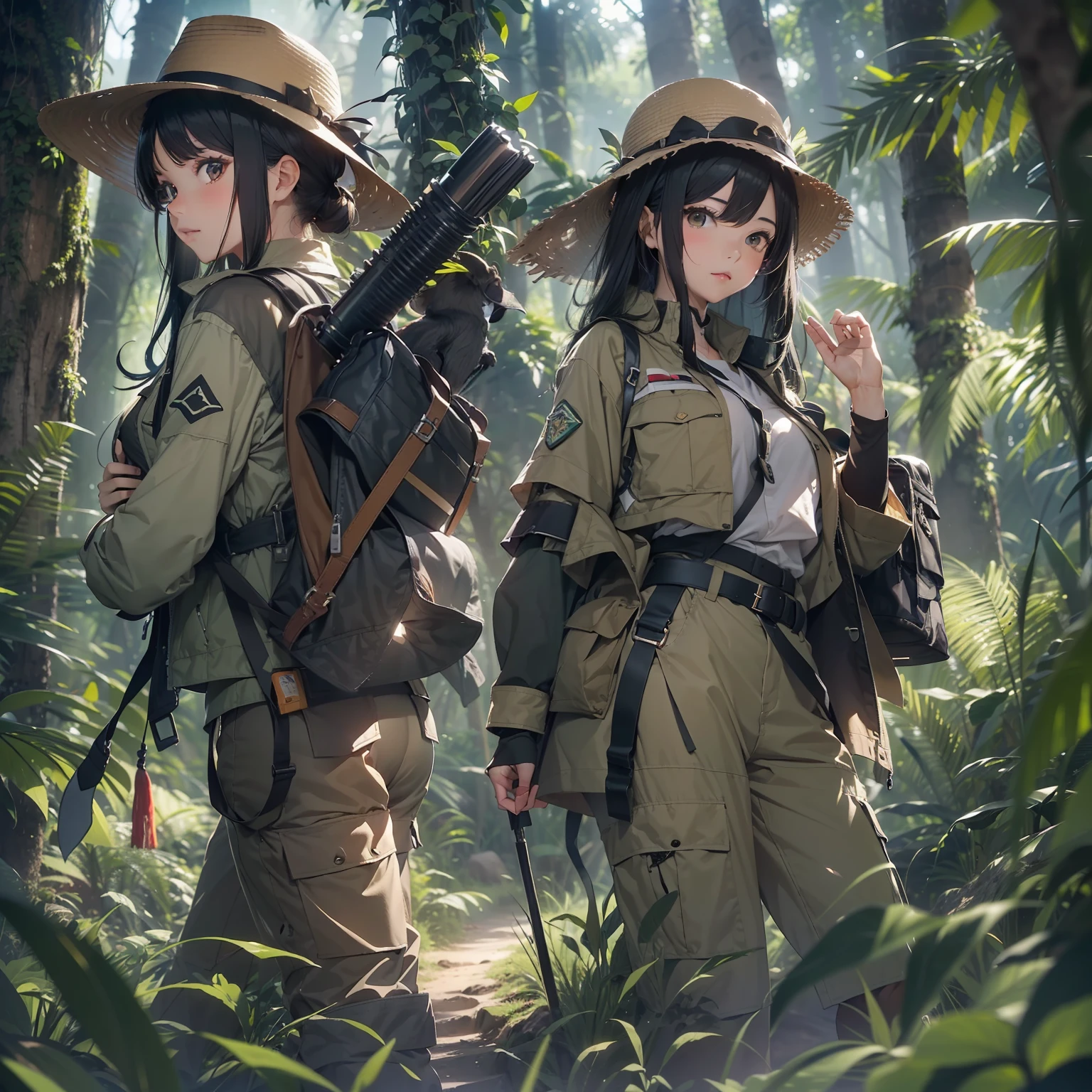 (Jungle Adventure):1.3、(Deep in the jungle):1.5、((In the dense rainforest, the sun does not reach and the grass is cleared without a path))、(３Adult Beauty):2、(((An expedition team consisting of adult beauties with black hair in safari hats and safari jackets walk in formation through the forest))):1.5、(The dim):1.3、(rays of moonlight):1.3、(dark):1.3、Accompanying photo、From the back３ｍA big monkey is looking at us.