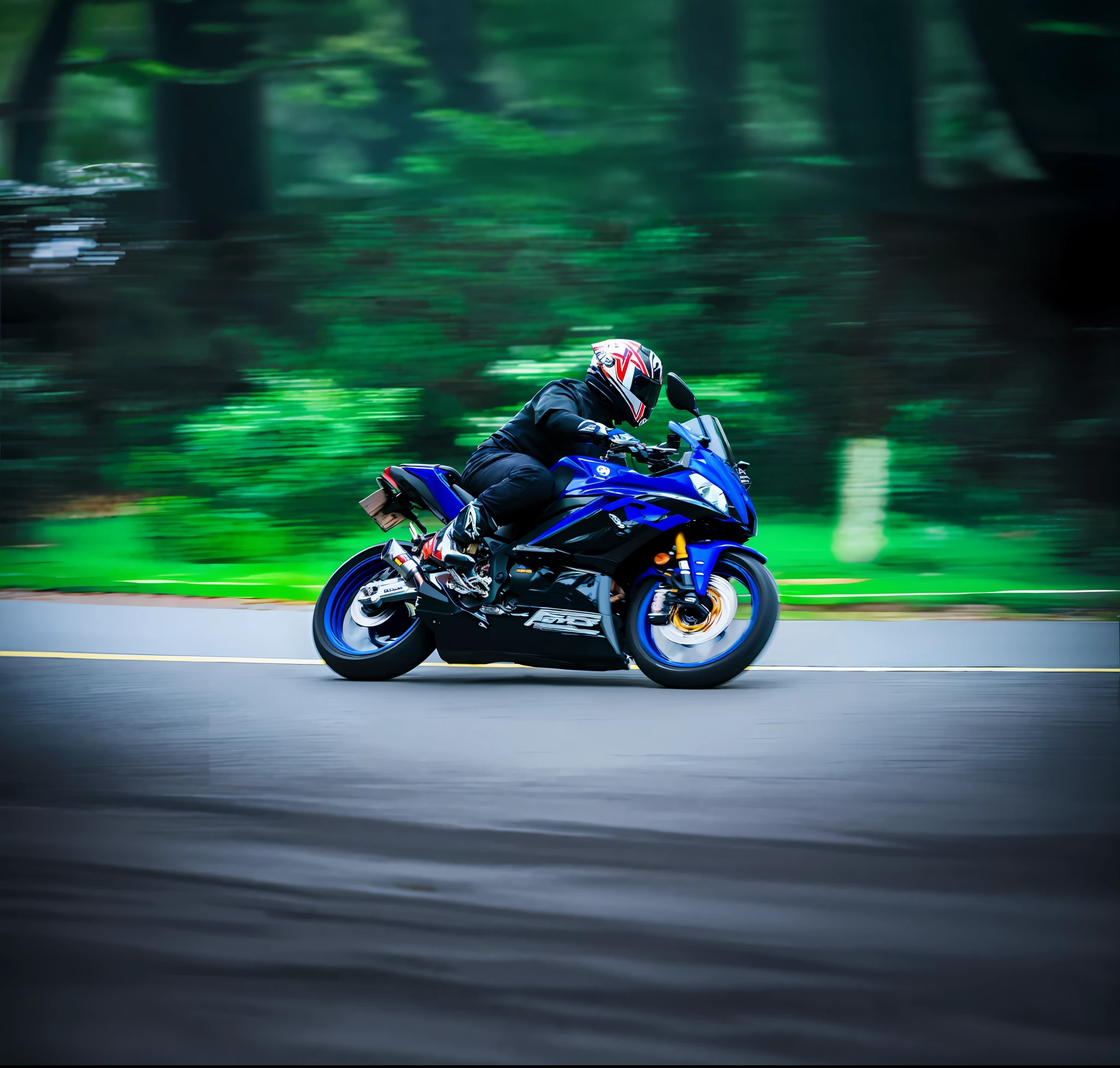 In the woods there was a man on a motorcycle on the road, panning shot, wide angle dynamic action shot, heavy motion blur, shot on canon eos r 5, shot on a Canon EOS R5, extreme motion blur, Motion blur, massive motion blur, Speed blur, wheelie, taken with a Sony A7R camera, motorbiker, Shot on Sony A 7