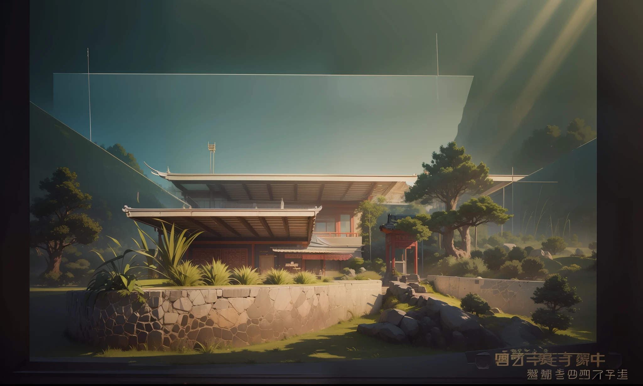 (Masterpiece),(Best quality), Super detailed, Realistic, (Photorealistic), 8K, (Sharp focus),No Man, Outdoors,scenery, sky, Blue sky,China-style，grassy fields，structure，the trees，soft sun light，best qualityer,architectural photography,photographrealistic,ultra - detailed，v-ray，Turn your back to the sun --auto