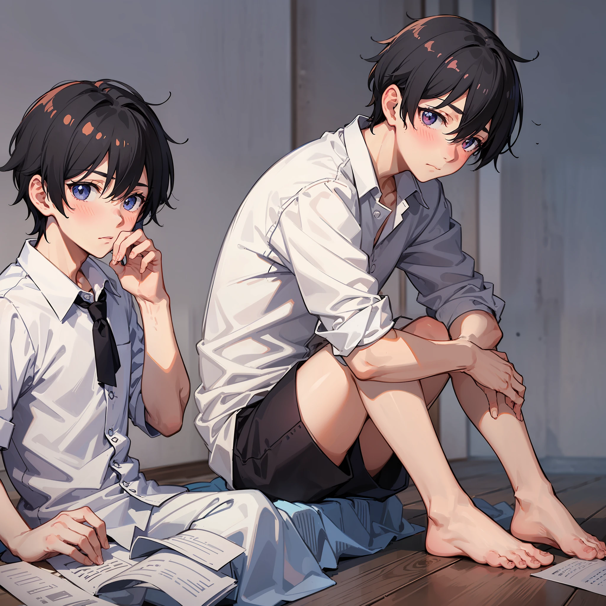 ((A boy)),adorable captivating,in a white shirt,He looked sad,Barefoot,Stand up。The blush gradually rises,Shy, But handsome。The picture style is fresh and simple,Rendered like a comic,The lens is shown as a vista,(Anime style+Soft cute),Anatomically correct,Accurate