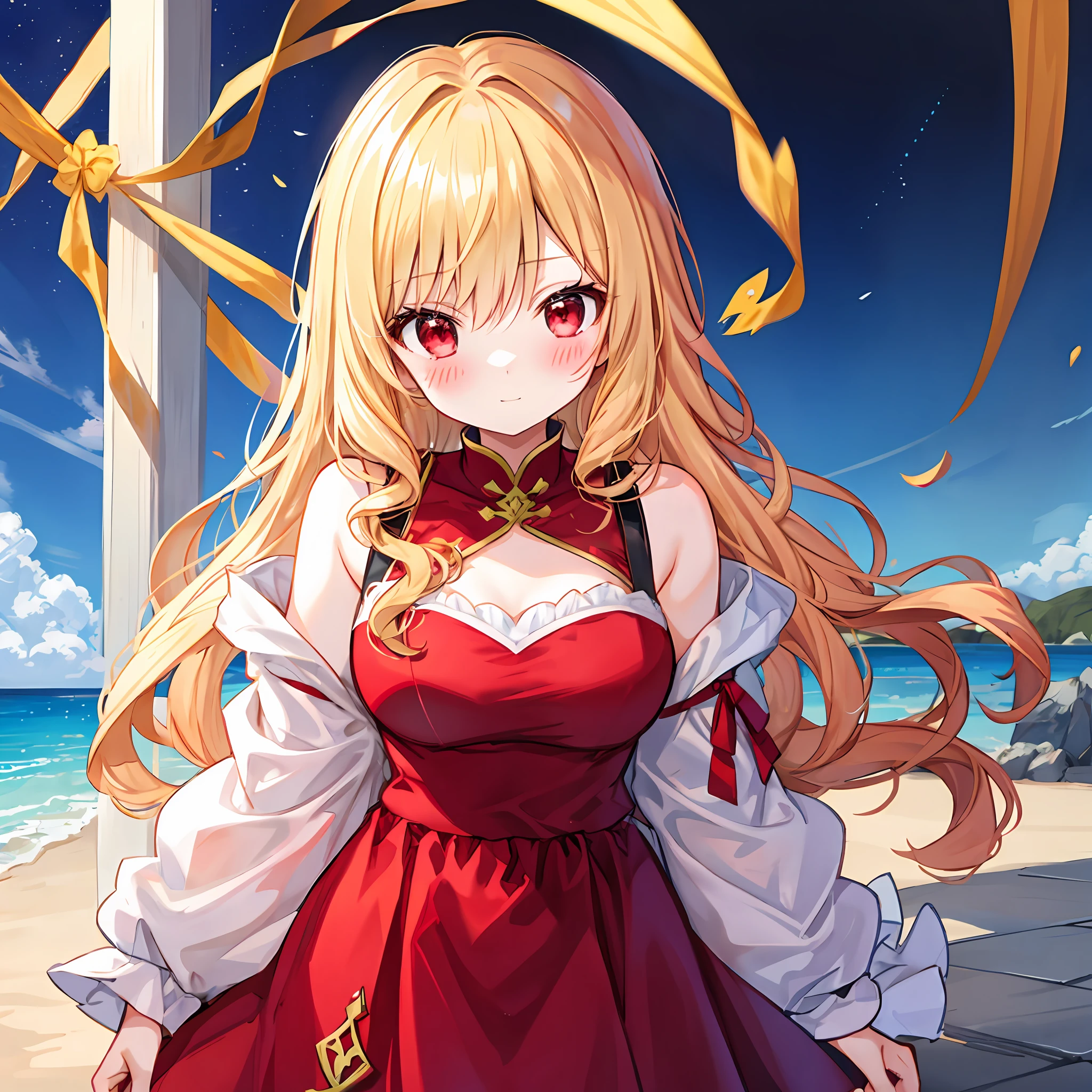 red blush、Wavy blonde hair、red eyes、Beautiful girl alone、animesque、独奏、doress
