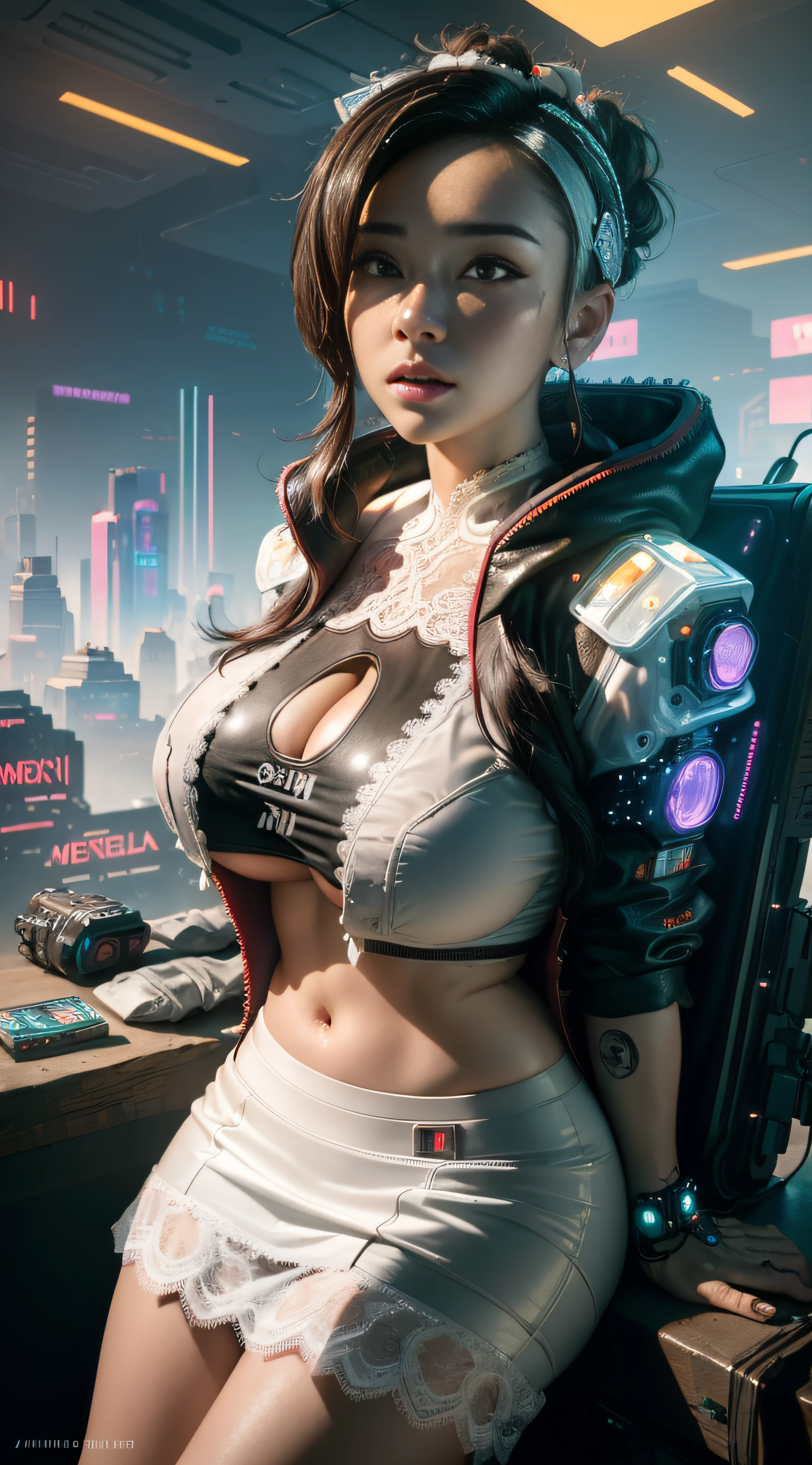 ((Best quality)), ((masterpiece)), (highly detailed:1.3), 3D, beautiful, (cyberpunk:1.6), in space, nebula, (holding_weapon:1.3), laser, (1Female mecha:1.3), sexy body, facing the audience, Glowing eyes, full body, (flying, swooping down, dynamic, motion blur: 1.4), (huge mech wings: 1.6), looking up, glowing_eyes, mecha, panorama, background is earth, nebula, space, particles, Reality, HDR (High Dynamic Range), Ray Tracing, NVIDIA RTX, Super Resolution, Unreal 5, Subsurface Scattering, PBR Textures, Post Processing, Anisotropic Filtering, Depth of Field, Maximum Clarity and Clarity, Multilayer Textures, Albedo and Specular maps, Surface shading, accurate simulation of light-material interaction, perfect proportions, Octane Render, two-tone lighting, large aperture, low ISO, white balance, rule of thirds, 8K RAW, efficient sub-pixel, sub-pixel volume product, (best quality),(Japanese:0.5),(korean:0.8), (Liu Yi Fei:1.5) long hair, (big breast:1.2),(underboob:1.5), (white transparent lace mini skirt:1.5)