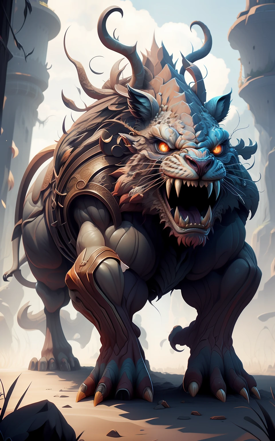 highly detailed fantasy art，1 animal（taur）of personification，Ultra-burly body，highly details eye，pretty eyes，Detailed beautiful face，The body of the animal、furred、musculature、Intricate openwork pattern armor，Thick wild hair，Fantasy setting，Full body standing painting，dynamicposes，white backgrounid，2D character concept，character art，Character portrait，tmasterpiece，best qualtiy，Best resolution，Strong visual impact，8K