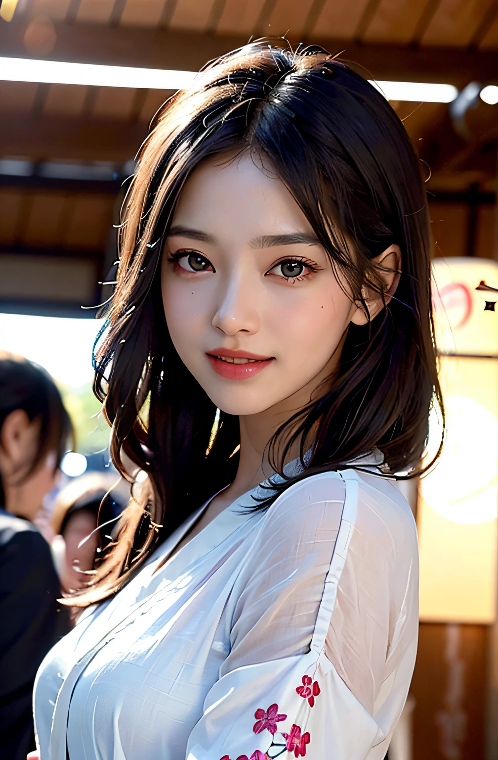 best qualtiy、​masterpiece、photoRealstic、intricate-detail、Raw foto、Photon Rendering、Octane Rendering、absurderes、ultra-detailliert、A detailed face、Detailed skin、Trending in art stations、8K Masterpiece、lighting like a movie、( (1girl in))、((独奏) ))、CG Social Trends、Plastic En、((Black Long Hair))、((Beautuful Women))、(A smile)、Upper teeth、Fashionable、Hair that flutters in the wind、((Flowing hair))、fashion magazine、((A sexy))、((lighting like a movie)、((indirect lighting)、、(ssex)、Grinning、(View from a distance)、((Festival of Japan))、
