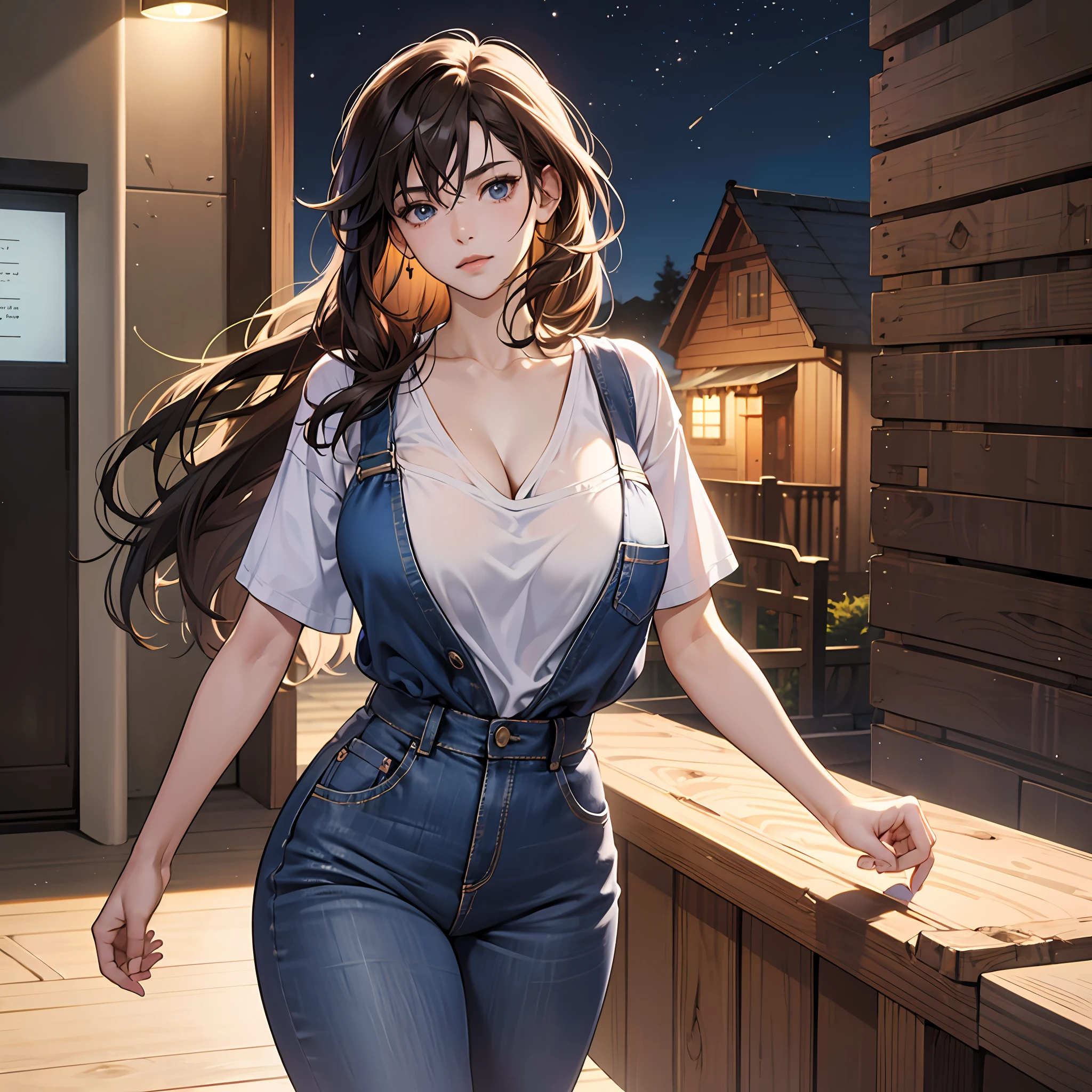 ((midynight, best qualtiy, 8K, tmasterpiece :1.3)), full bodyesbian, long leges, Sharp focus :1.2, A beautiful woman with a perfect figure :1.4, Slender abs :1.1, ((dark brown hair, gigantic cleavage breasts :1.2)), (white tight t-shirt, Denim bib, standing on your feet:1.2), (nighttime scene, the roof:1.3)), Highly Detailed Face and Skin Textur, Fine Eye, 二重まぶた,Anime figure,Leakage from the abdomen,Estilo de Makoto Shinkai,The focus is on anime characters,One guy,There is no one else in the picture --auto
