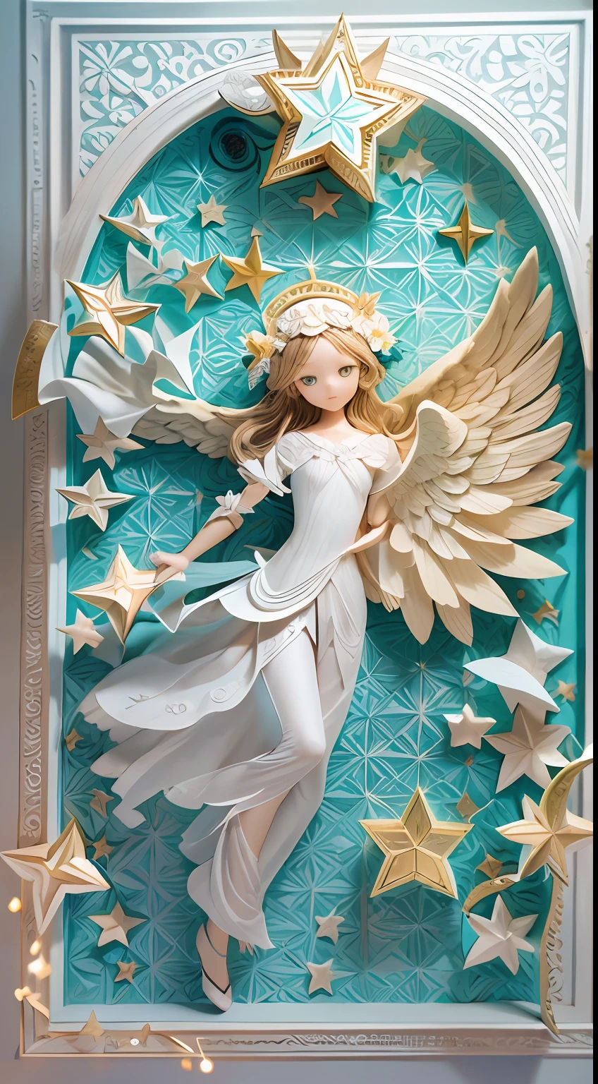 illustration: 1.3), paper art, 3D rendering of, Colorful background, (beautiful angel,: 1.3), (Masterpiece stars: 1.2) (Masterpiece Moon: 1.2), Colorful, Best quality, Detailed details, Masterpiece, offcial art, movie light effect, 4K, Chiaroscuro , Flash