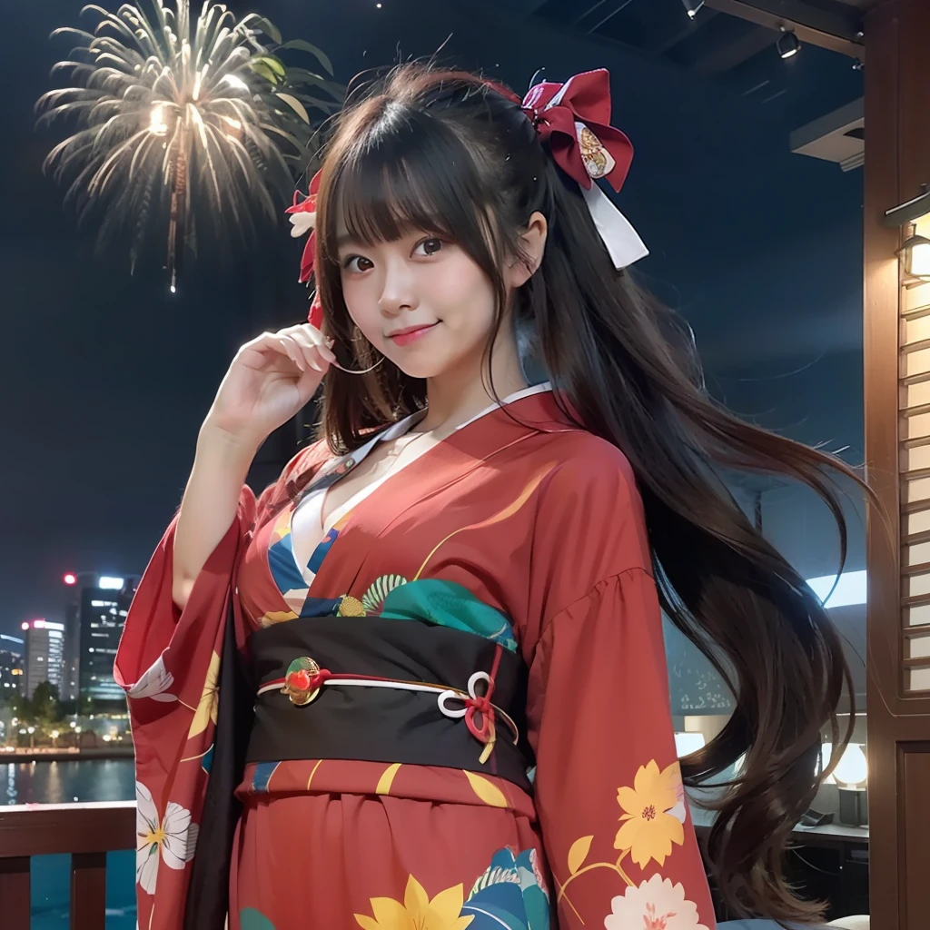 A dimly lit Japanese-style room with moonlight shining through the window　Japanese-style lamps glowing white on the left and right sides of the screen　（One girl）perfect body type　（very large breast）　Black hair long straight hair　large full breasts　Baby Faced Girl　（Worn yukata）　（Yukata revealing cleavage）（Yukata with a loose collar）Futon laid on tatami mats　Standing　Full body gravure　Standing and welcoming　Gentle smile　Realistic depiction