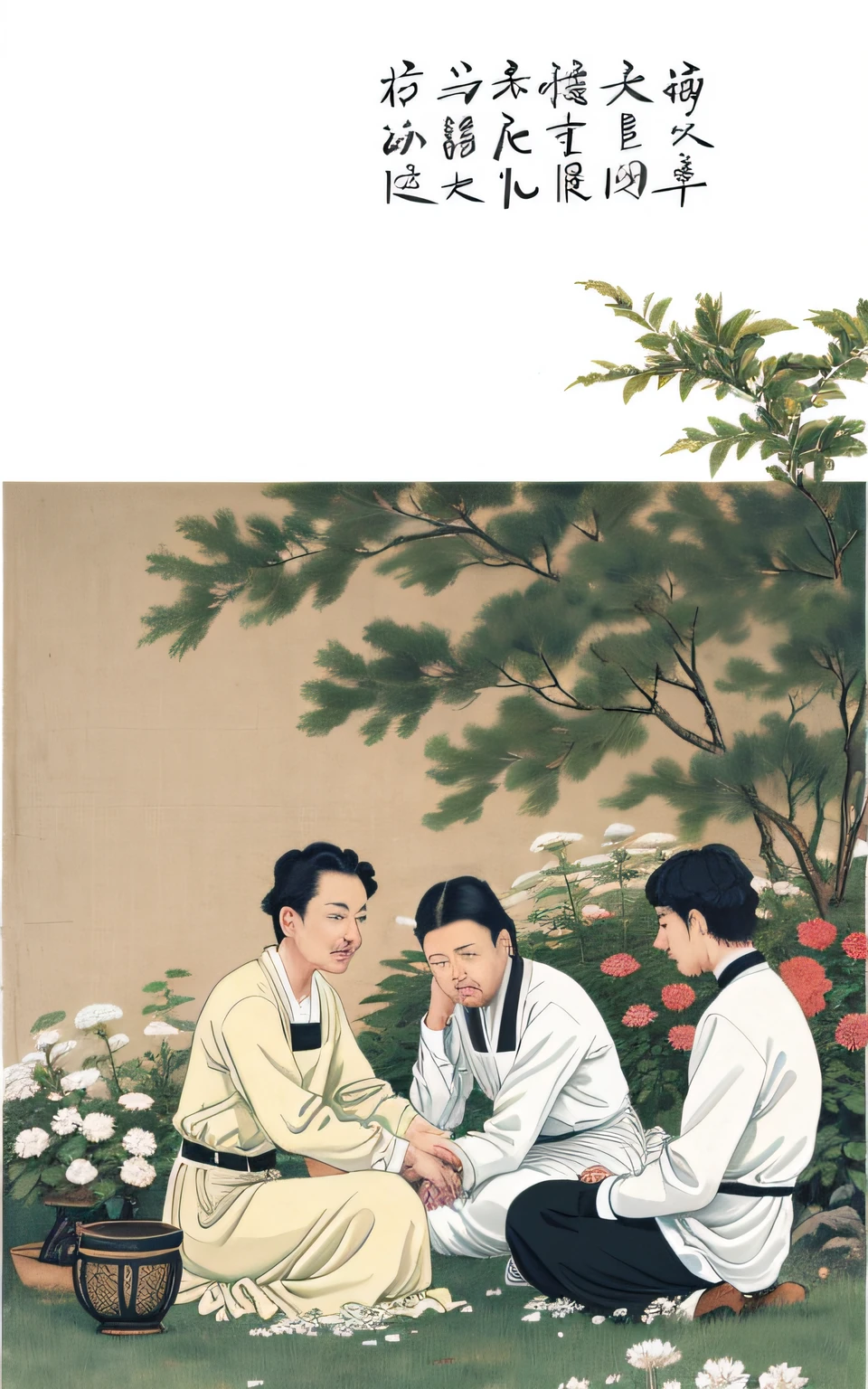 The poet picks chrysanthemums in the picture,A poet dressed in period costume,Sit under the east fence,Holding a thin rod to pick chrysanthemums。It is surrounded by lush wildflowers and a verdant fence,Reflecting his leisure and ease。The sun shines on him through the leaves,It creates a tranquil atmosphere。