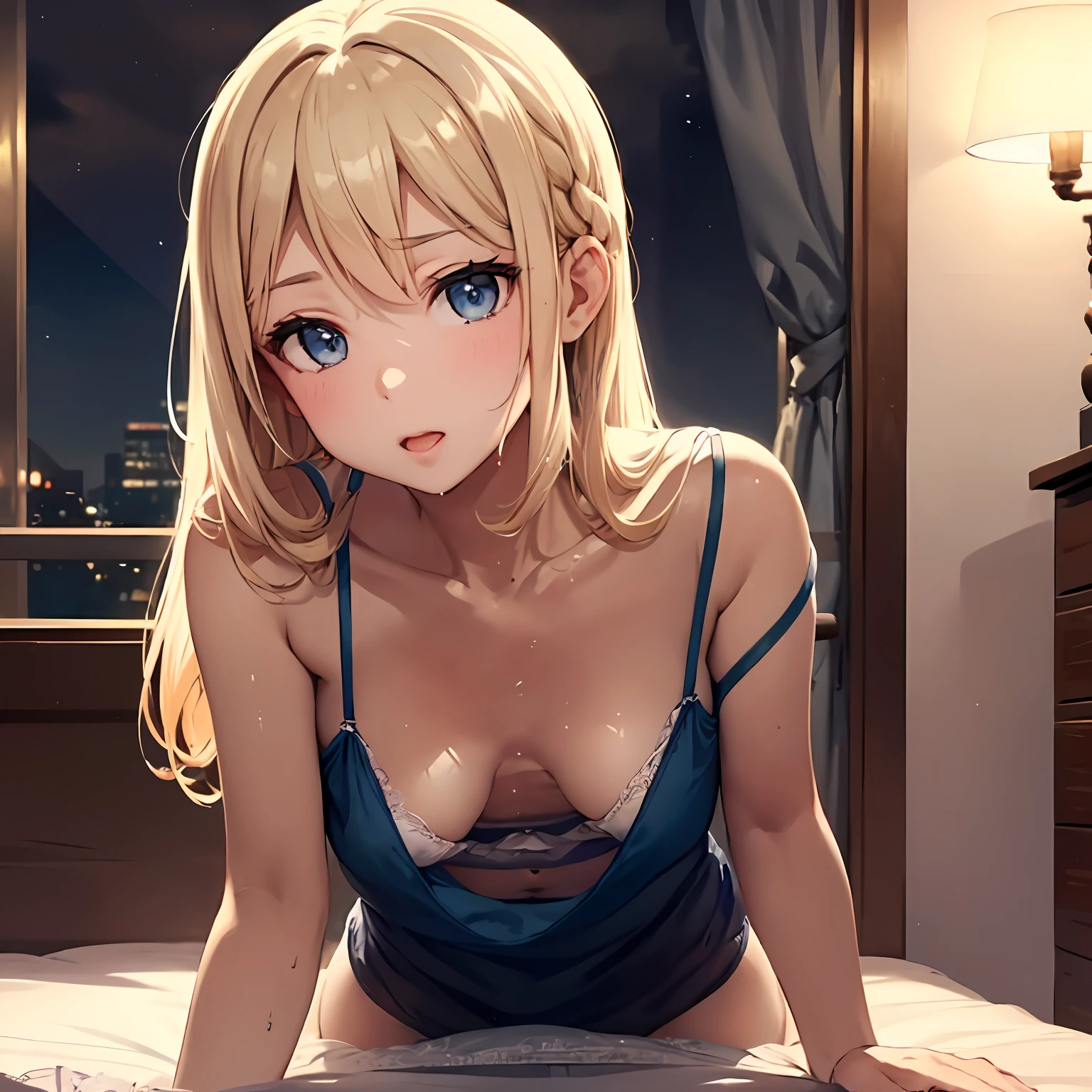 (a blond、blue eyess、light skinned、Nordic face)、、(It's wet)、Bewitching、((See-through、See-through、 are see-through 、、kawaii))、Panties are slipping、(Underwear is taken off).、expressioness、realisitic、(s girl)、Beautiful skin、(Western face、Beautiful face)、styles、Face of Sweden、Bedroom at night、(sexy lingerie)、((White underwear))、Provocation、、Lustful face、((maikurobikini、T back))、Provocation Pose、moonlights、all-fours、Butt sticking out、、dim room、痴女、Nasty、The pubic area is wet