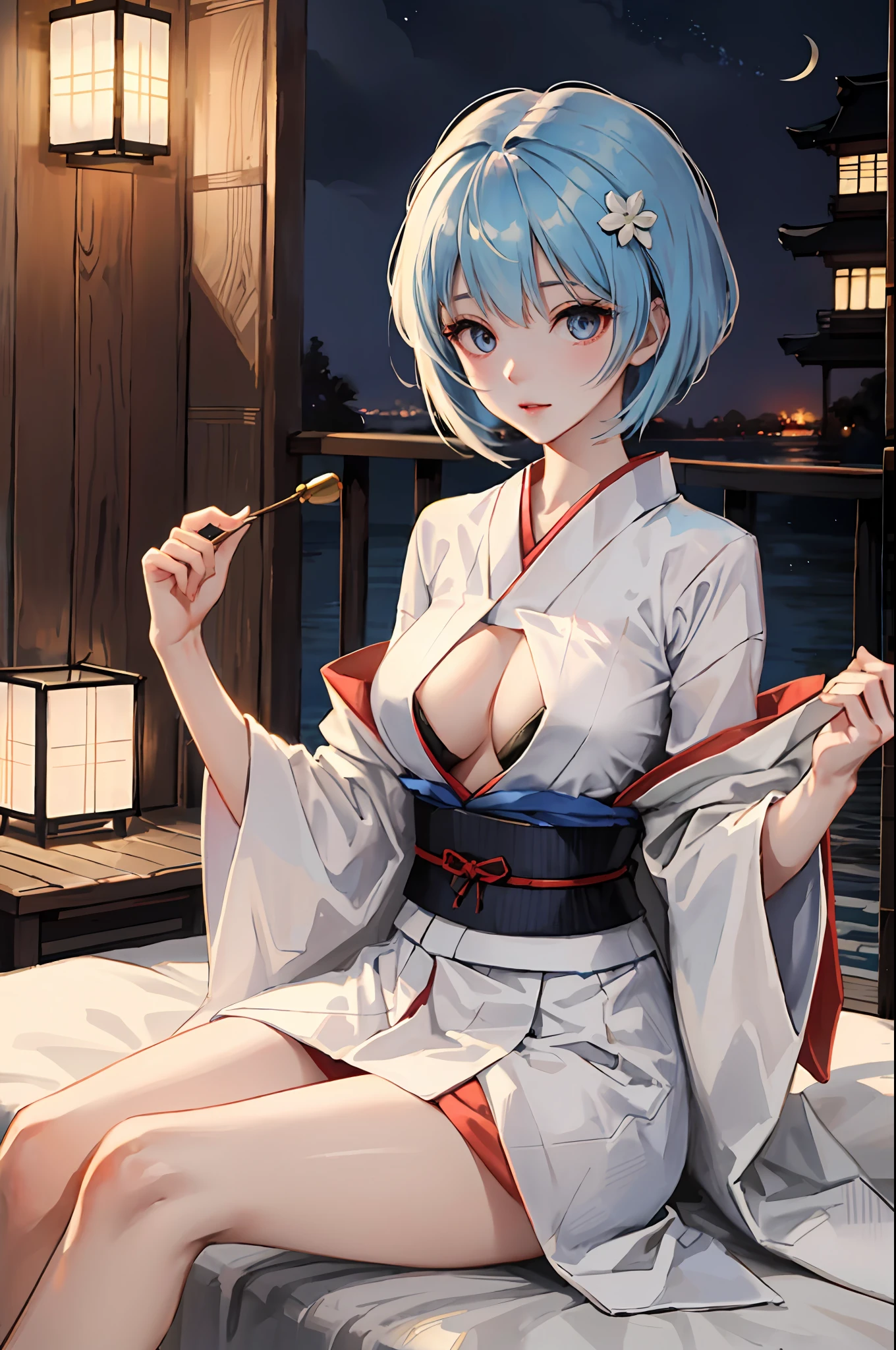 tmasterpiece,best qualtiy,8K,primitive:1.2,realisticlying:1.4,1个Giant Breast Girl,Dress up as Rei Ayanami,((Solo)),Most detailed,opens his eyes wide:1.3,eyes reflection:1.5,eyes with brightness:1.5,White skin,(Blunt bangs),(Wear only a kimono,legs separated, in bed),Bigboobs,Forehead,Slim,Thin leg,rays of moonlight,the night,Japanese style,sportrait