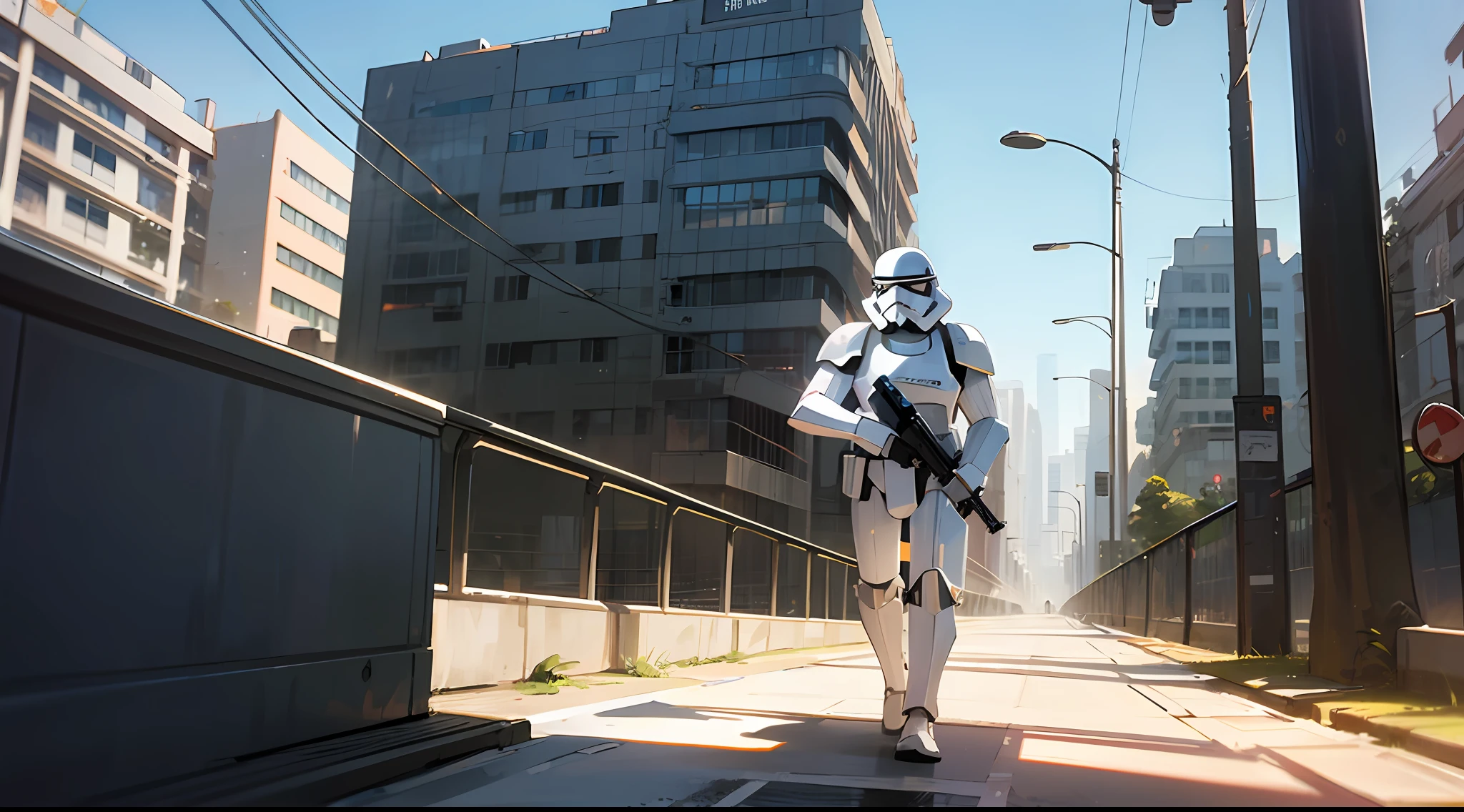 cidade do jogo halo com stormtrooper preto andando na rua --auto