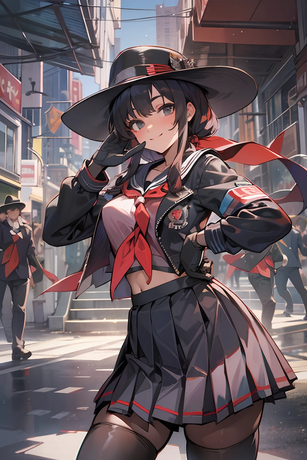 masterpiece, best quality, hat, serafuku, midriff, red neckerchief, pleated skirt, black gloves, black thighhighs, cowboy shot, looking at viewer, smile, city street, closed mouth, hand to hip, salute
