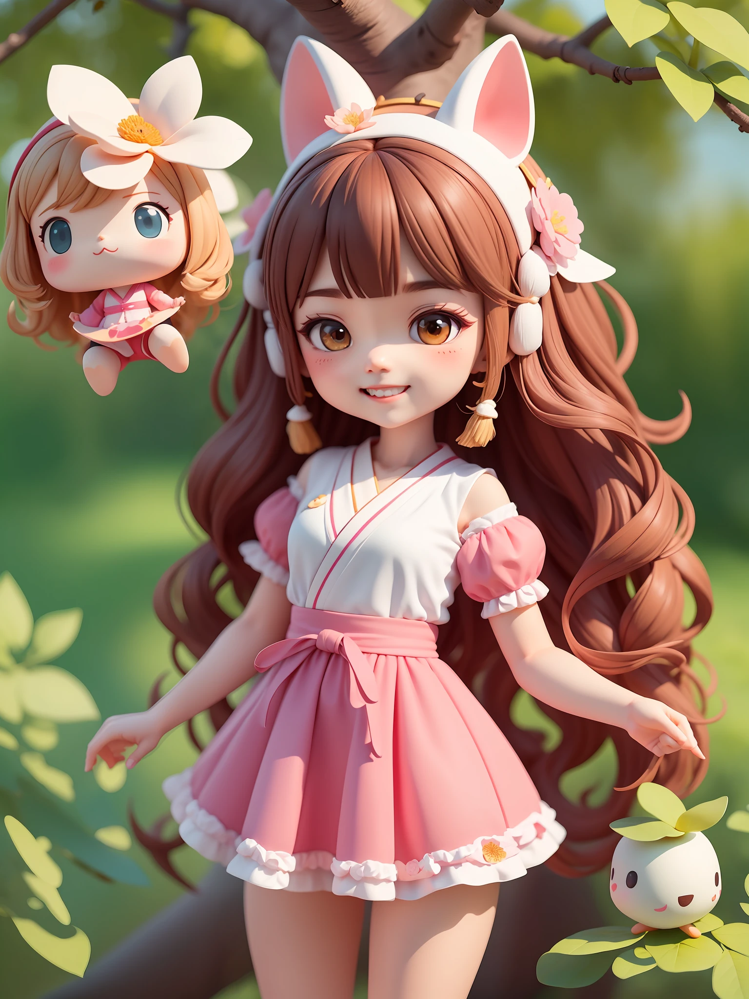 (Daisaku),(Need),(Super meticulous),(full bodyesbian:1.2),1girl,A girl in a pink dress,adolable,ssmile,Open-mouthed,florals,exteriors,Blushlush,The tree,:3,The shirt,long whitr hair,SakuraNS,Garland headdress,Blurred,A brown-haired,Blushlush,By bangs,pinkflower,(beautiful detailed face),(美丽细致的眼睛)
