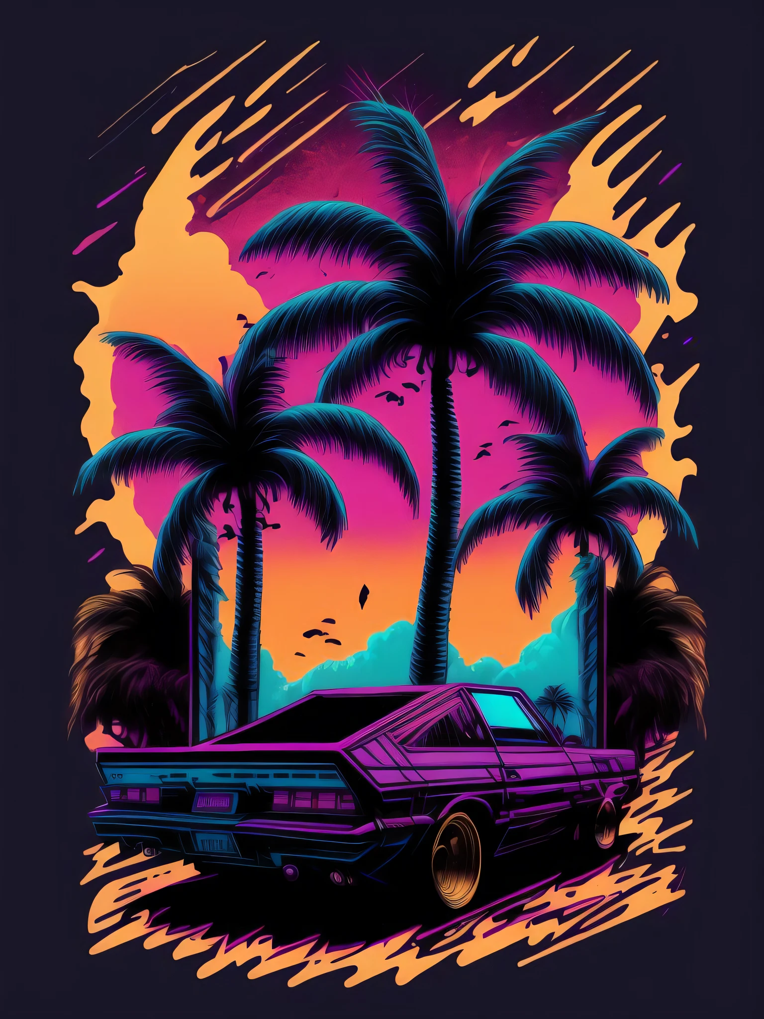 Retrowave palm tree, sticker, sharp focus, detailed, comics, graffiti, ink, graphic, golden ratio composition, rich colors, design for tshirt