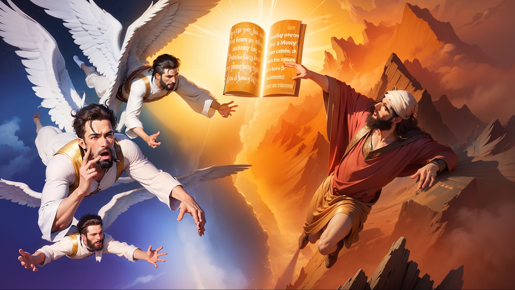 3 angels men flying through the middle of heaven preaching the word of God. And Moses from the Bible on the right side of the image looking at the 10 Commandments at the top of Mount Sinai.