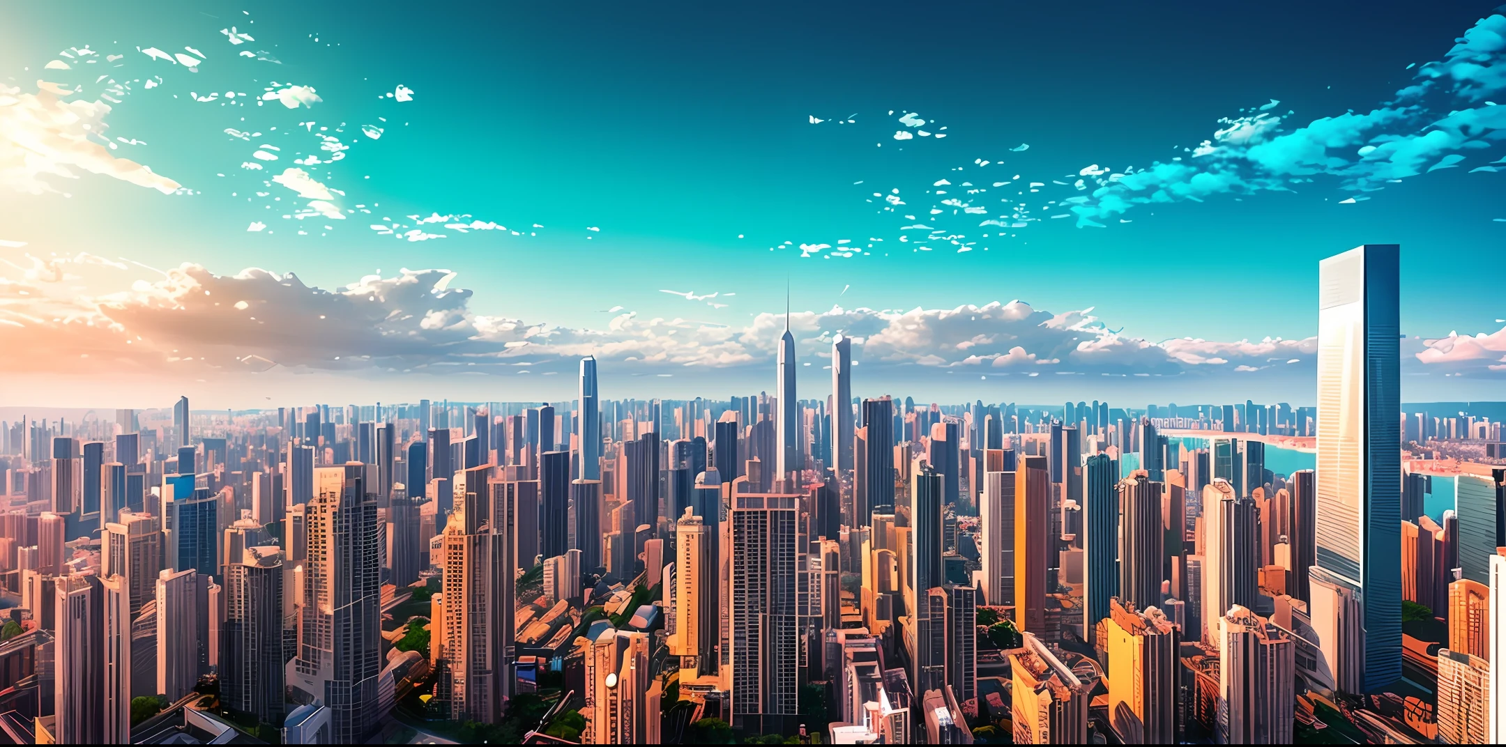 City skyline view with lake and park, illustration by Cha Shibiao, shutterstock, Art Nouveau, Shenzhen, Shenzhen, Shenzhen. Guangjian, the ultra-wide view of the urban landscape, the sci-fi buildings that break through the imagination, all buildings have a sense of technology and are full of technology. A sci-fi blockbuster with a sense of sight. There are flying saucers and spaceships looming in the sky. Architecture combined with lighting. Neon building. Beautiful city of the future, beautiful cityscape, tech city background, Hou porcelain, with a city in the background. Inspired by Makoto Shinkai's popular concept art and masterpieces on pixiv, vision (wide angle lens), super high resolution (fidelity: 1.4), super high quality, extremely detailed CG Unity 8k wallpapers, aesthetics, award winning photography, real High Detail, Detail Enhancement, Blur Removal, Intricacy, Traveling Art. Visually stunning. Beautiful future city, beautiful city, dream land of Chinese people, pexels, blue hour photography, Chinese dreamland, spectacular clouds, fantasy clouds.