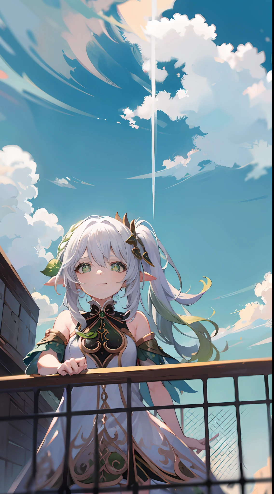 nahidadef,The upper part of the body,ssmile,Be red in the face,exteriors,In the daytime,simple backgound,The Arm,basket,blue-sky,short detailed hair,Skysky,temple,looking at viewert,stairways,mont,moody light