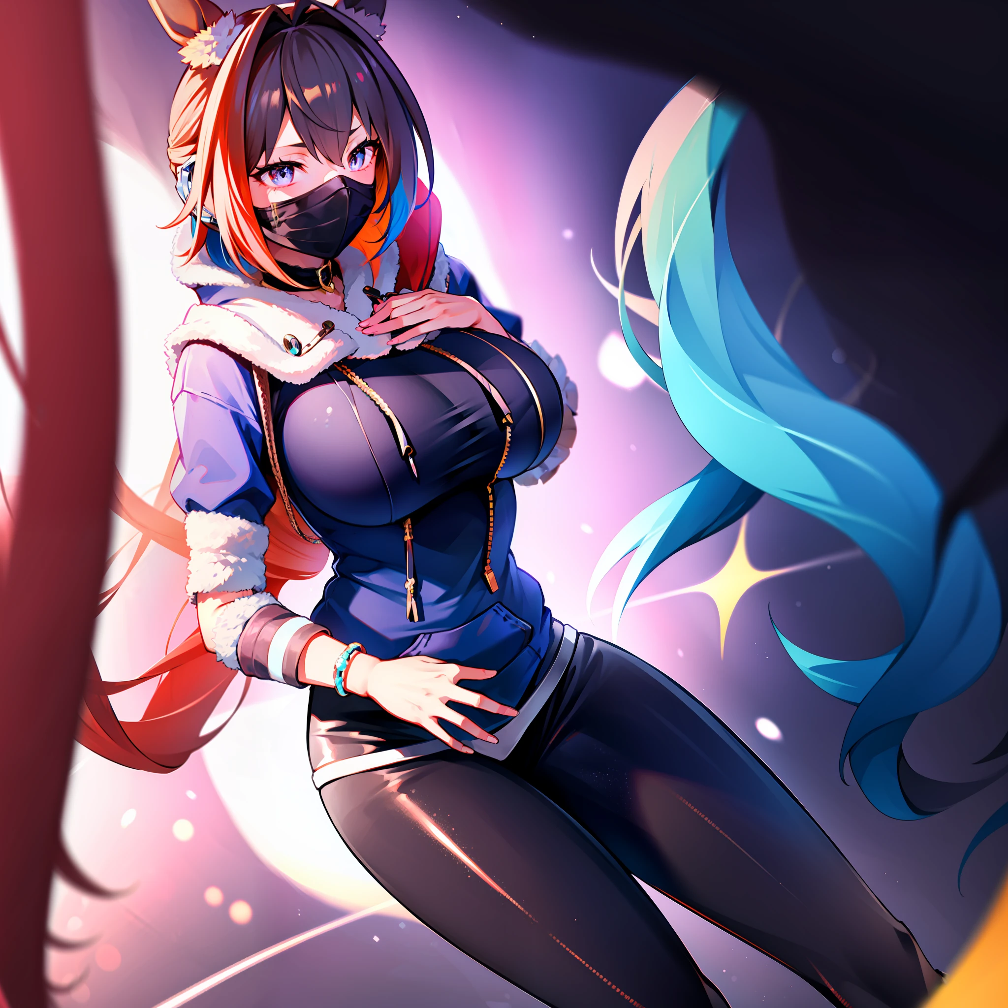 Oversized blue hoodie, big assa, 1girll, tmasterpiece, Best quality at best, full bodyesbian, posed for photo, beautifully color-coded, Tight hip leggings,white backgrounid, Studio, looks away, Covered with a hood,black facemask,Earphone,Horse Ear