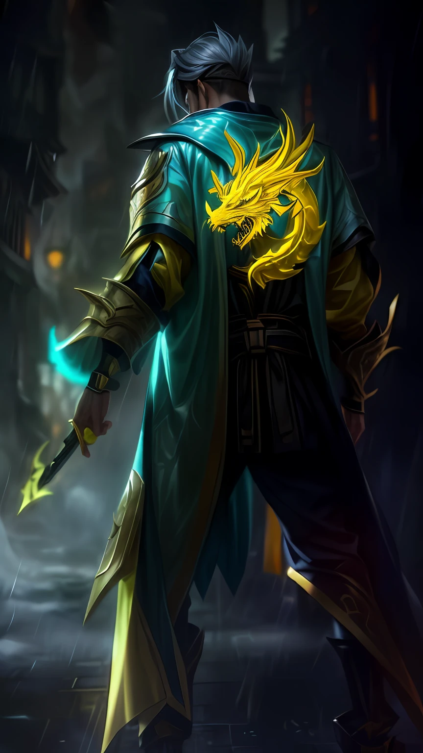 There was a man holding a glowing yellow object in his hand。。, Splash Art, Riot game concept art, inspired by Li Kan, arcane jayce, Official Splash Art, inspired by Yi Insang, Inspired by Huang Shen, League of Legends concept art, iconic character splash art, league of legends arcane, character splash art, Inspired by Hu Zaobin,The yellow dragon pattern is on the back of the clothes,rained,There is light on the hand,Lunette de soleil,Roll up your sleeves
