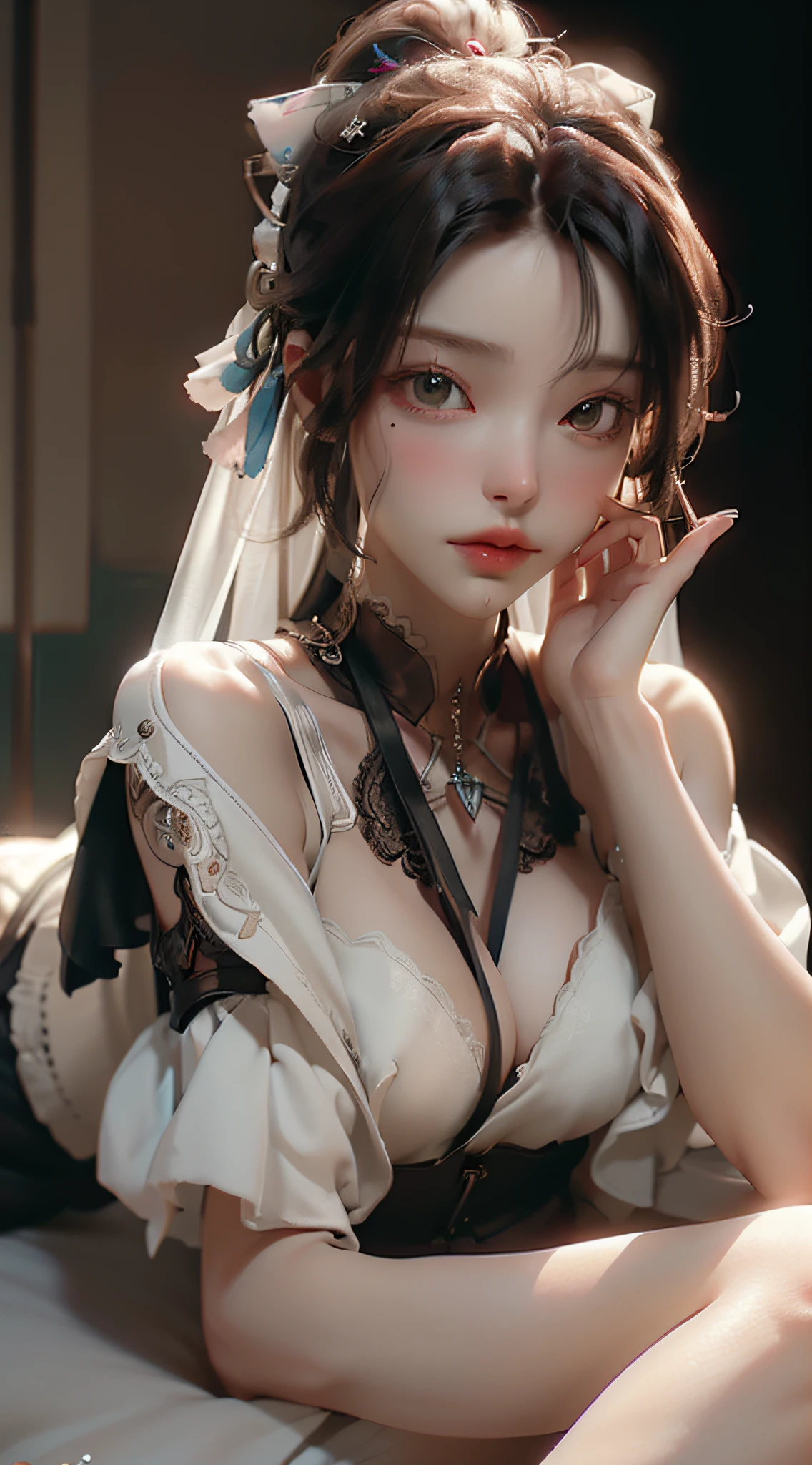 ((best qualtiy)), ((tmasterpiece)), (the detail:1.4), 3D, A beautiful cyberpunk female image,HDR（HighDynamicRange）,Ray traching,NVIDIA RTX,Super-Resolution,Unreal 5,Subsurface scattering、PBR Texture、post-proces、Anisotropy Filtering、depth of fields、maximum definition and sharpness、Many-Layer Textures、Albedo e mapas Speculares、Surface Coloring、Accurate simulation of light-material interactions、perfectly proportions、Octane Render、Two-colored light、largeaperture、Low ISO、White balance、the rule of thirds、8K RAW、Full body photo，The powder is tender and tender，Lie down in bed，seducing people，With your mouth open，Containing something，A collar is worn around his neck，Being led，Son-in-law，female dog，Troubled woman，Confused eyes，Infatuation，is shy，Beautiful and delicious，Prettily，Erotic lingerie