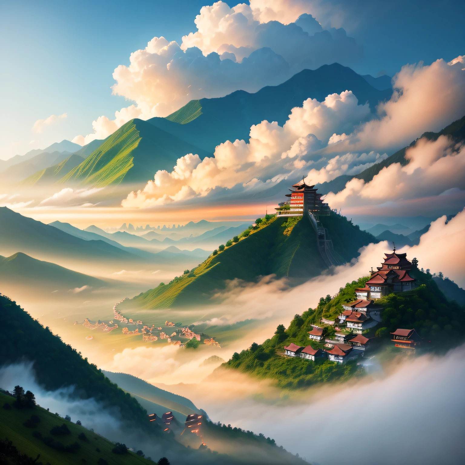 China Early morning sun rays Small villages deep in the mountains Smoke rising from chimneys Midsummer