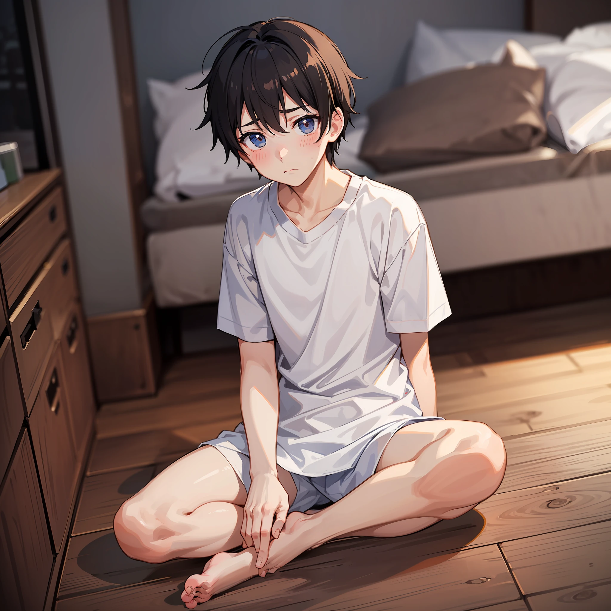 ((A boy)),adorable captivating,in a white shirt,He looked sad,Barefoot,Stand up。The blush gradually rises,Shy, But handsome。The picture style is fresh and simple,Rendered like a comic,The lens is shown as a vista,(Anime style+Soft cute),((Anatomically correct)),Accurate