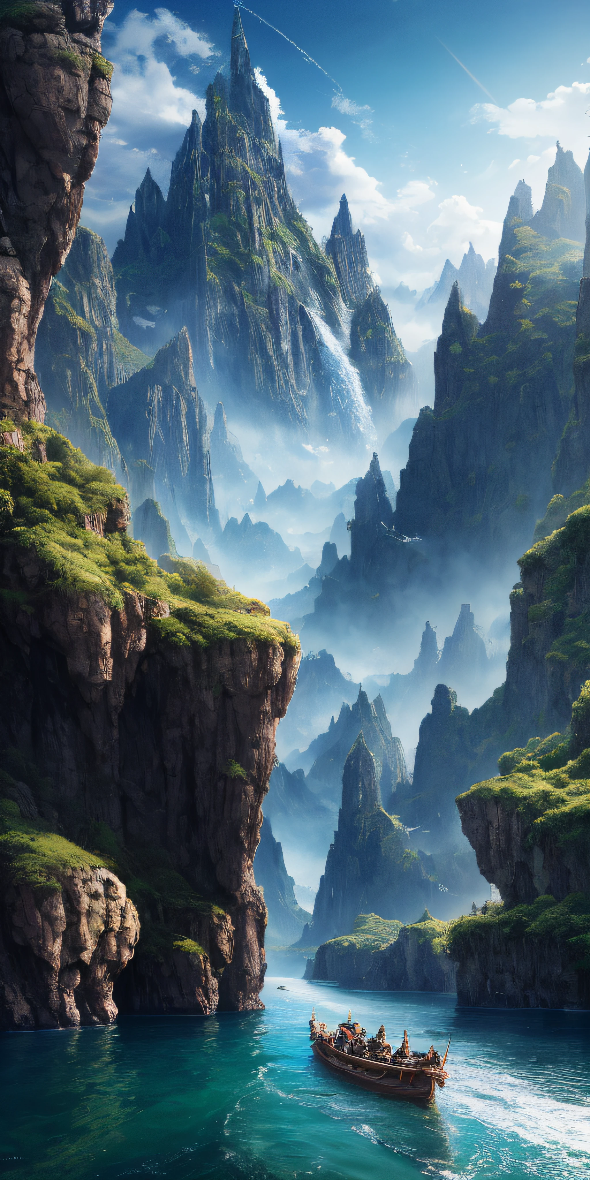 masterpiece, best quality, high quality, extremely detailed CG unity 8k wallpaper, scenery, outdoors, sky, cloud, day, no humans, mountain, landscape, water, tree, blue sky, waterfall, cliff, nature, lake, river, cloudy sky,award winning photography, Bokeh, Depth of Field, HDR, bloom, Chromatic Aberration ,Photorealistic,extremely detailed, trending on artstation, trending on CGsociety, Intricate, High Detail, dramatic, art by midjourney