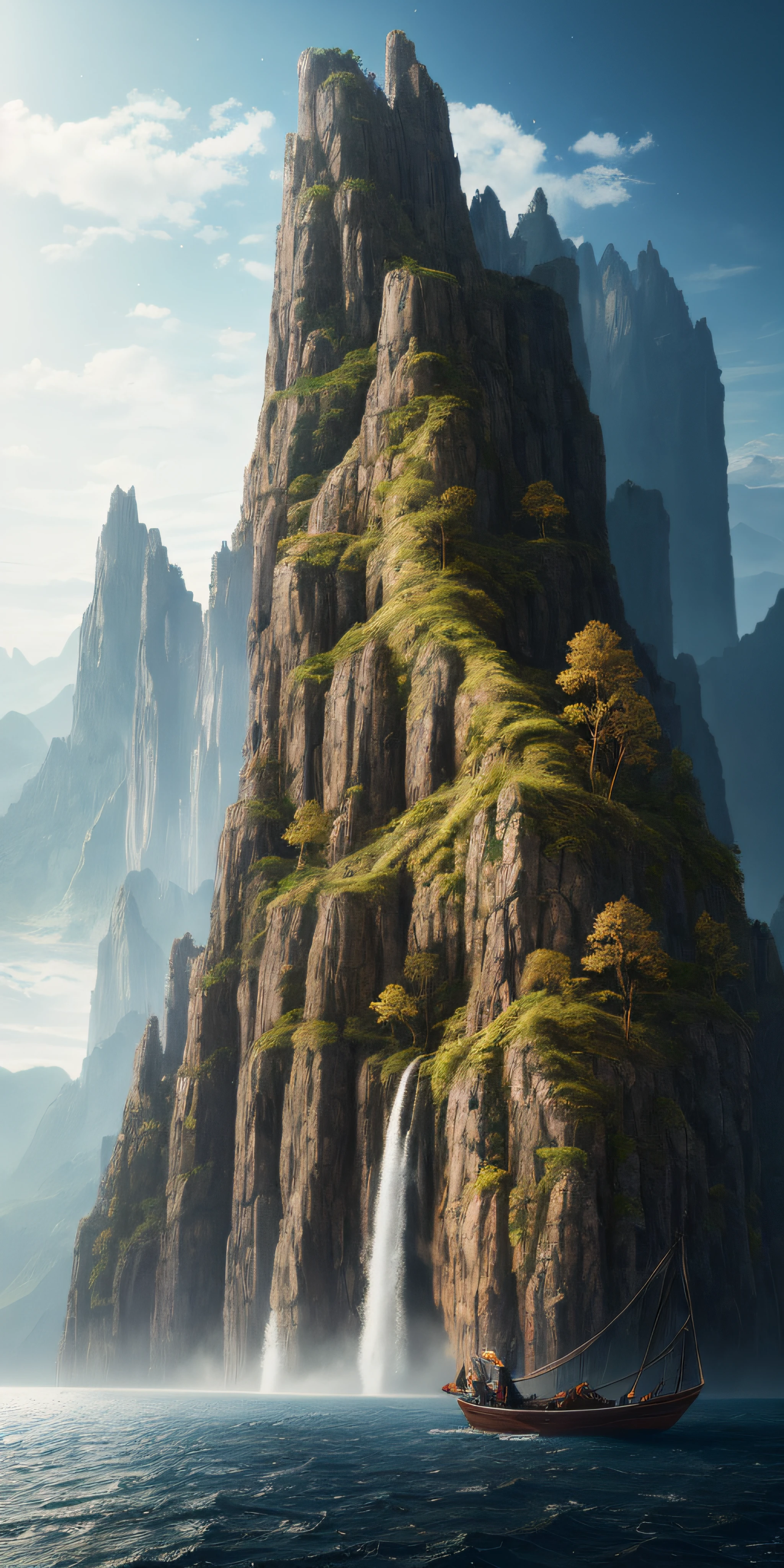 masterpiece, best quality, high quality, extremely detailed CG unity 8k wallpaper, scenery, outdoors, sky, cloud, day, no humans, mountain, landscape, water, tree, blue sky, waterfall, cliff, nature, lake, river, cloudy sky,award winning photography, Bokeh, Depth of Field, HDR, bloom, Chromatic Aberration ,Photorealistic,extremely detailed, trending on artstation, trending on CGsociety, Intricate, High Detail, dramatic, art by midjourney
