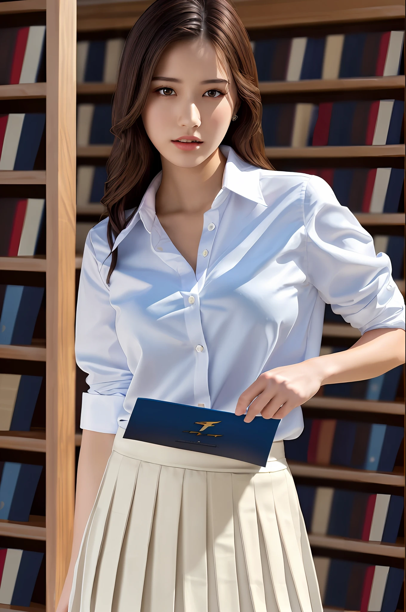masterpiece, best quality, ultra high res, (photorealistic:1.4), beautiful lighting, RAW photo, 8k uhd, ultra detailed face, realistic lightning, beautiful girl, sweet girl, ((wearing white shirt and long pleated skirt)), library, long shot, shy, hiding face behind book,