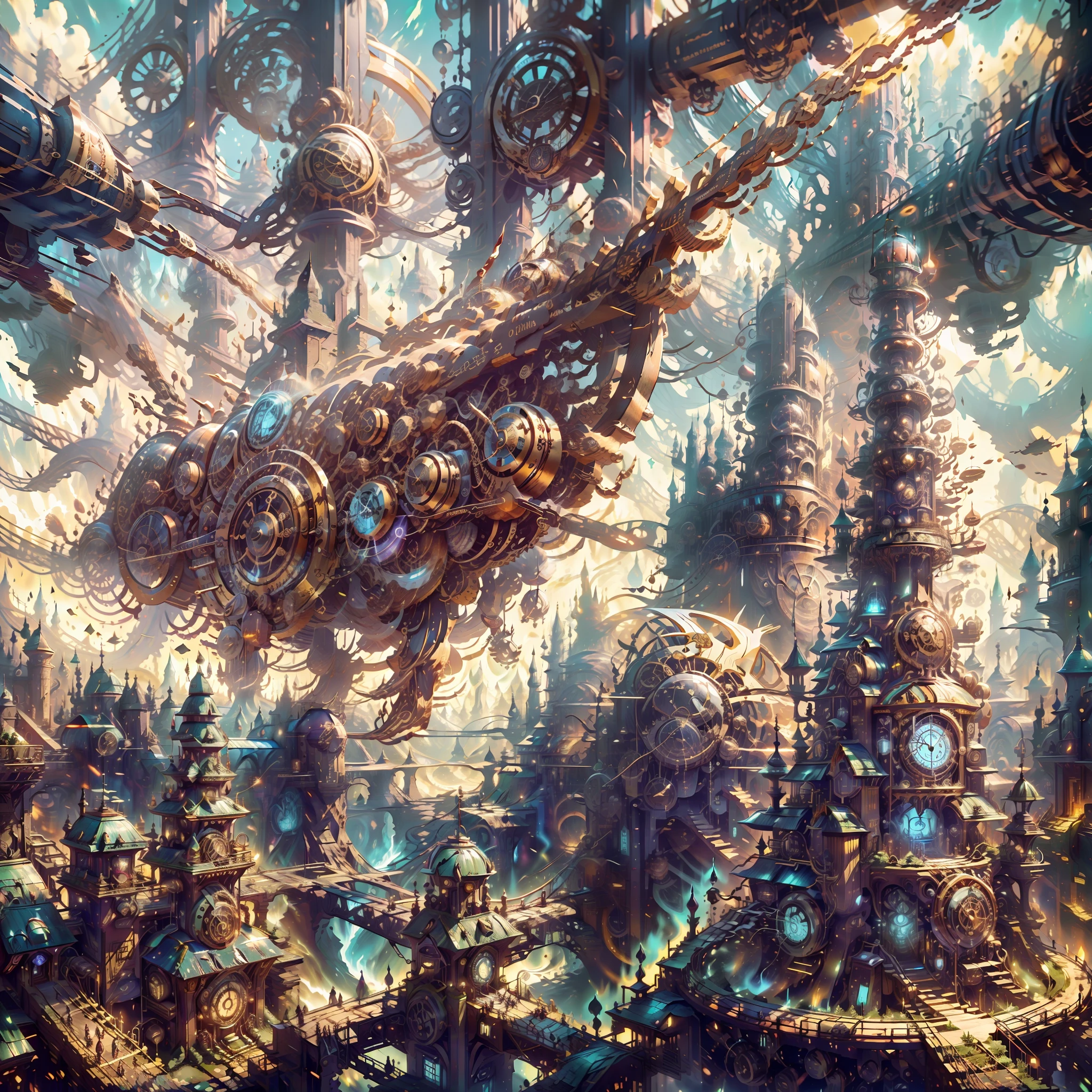 a medieval steampunk city known as Steamholm, where clockwork machinery blends with castle architecture.  anime-style picture, feature a group of intrepid explorers led by the charismatic airship captain, Vincent, as they set sail on their majestic airship, the 'Ironclad Seraph.' With gears and brass ornaments decorating their outfits, these adventurers traverse the skies in search of mythical floating islands and ancient ruins, unraveling the mysteries of a bygone era.