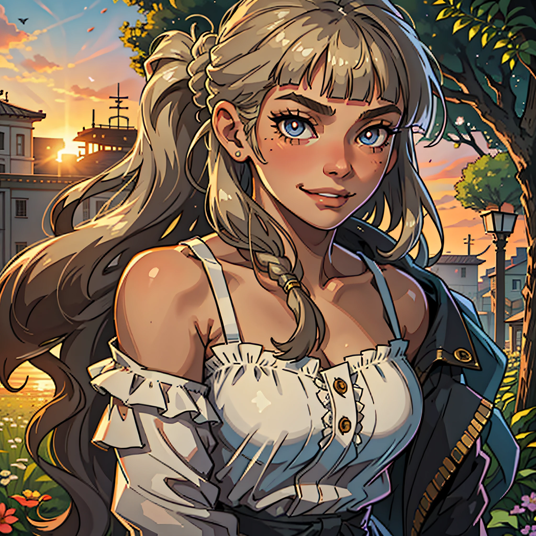 Female,spy,agent,Moles under eyes,long eyelasher,pupils sparkling,Snake pupils,Heart-shaped pupils,Closed mouth,Stick out her tongue,Pout,Light smile,Seductive smile,grin,fake smile,nose blush,hair over shoulders,Long hair,Blonde hair,Silver hair,whaite hair,Brown hair,bangs,Blunt bangs,Braided bangs,Asymmetrical bangs,short ponytail hair,Side ponytail,High ponytail,Straight hair,bob hair,Lace trim,Transparent clothes,White shirt,Clear jacket,JK,frilld,Lace,Bare_bshoulders,Off_Shoulder,indian style,ahirusuwari,standing,Stretch,pray,in summer,Sunset,Sun,flower field,flower sea