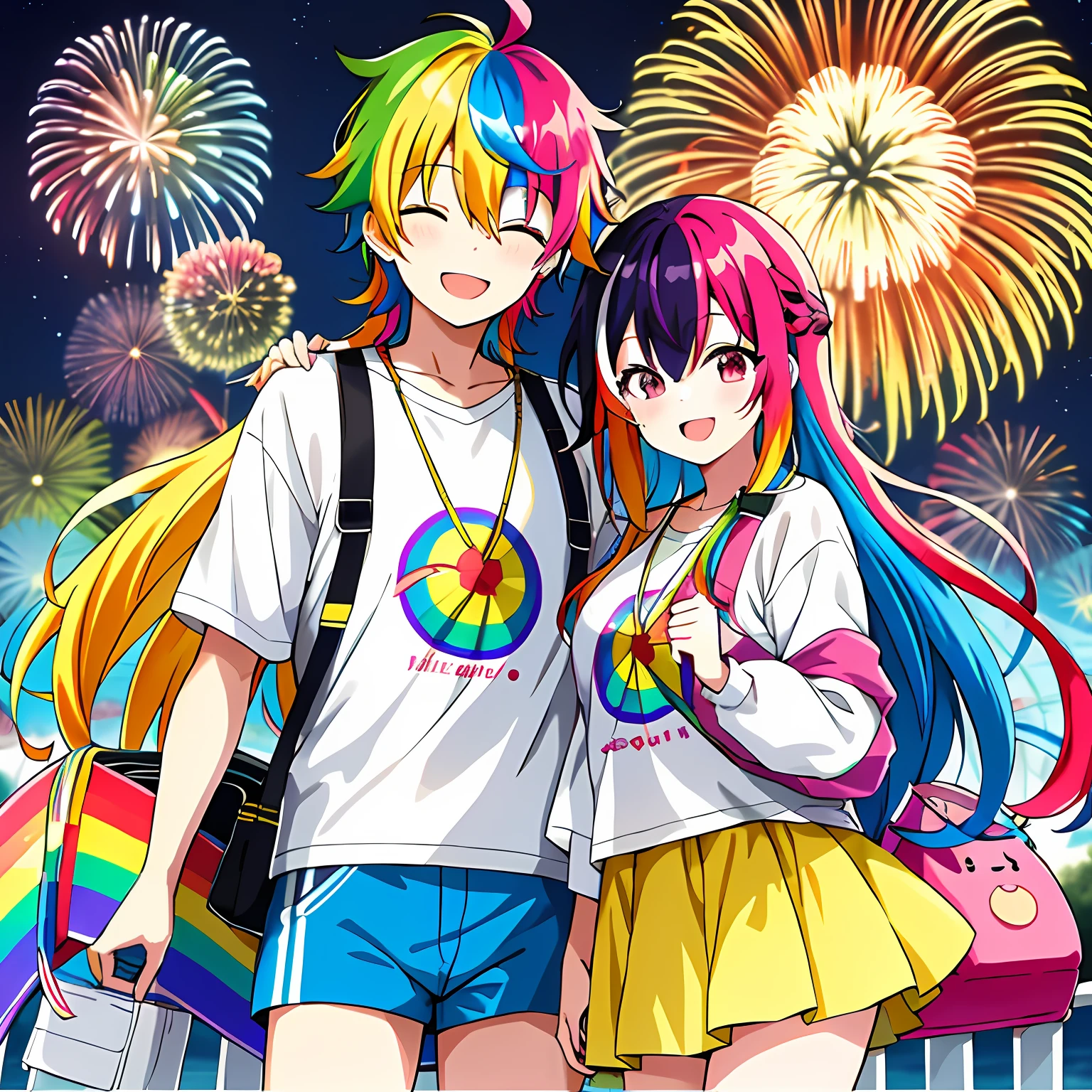 超A high resolution, nffsw, Best aesthetic, Best Quality, masutepiece, a couple,1人の女性, 1 male, The best smile, Smile and close your eyes, Very big mouth smile, rainbow hair, 1 multicolored hair, Embarrassed, rainbow eyes, Stalls and fireworks background