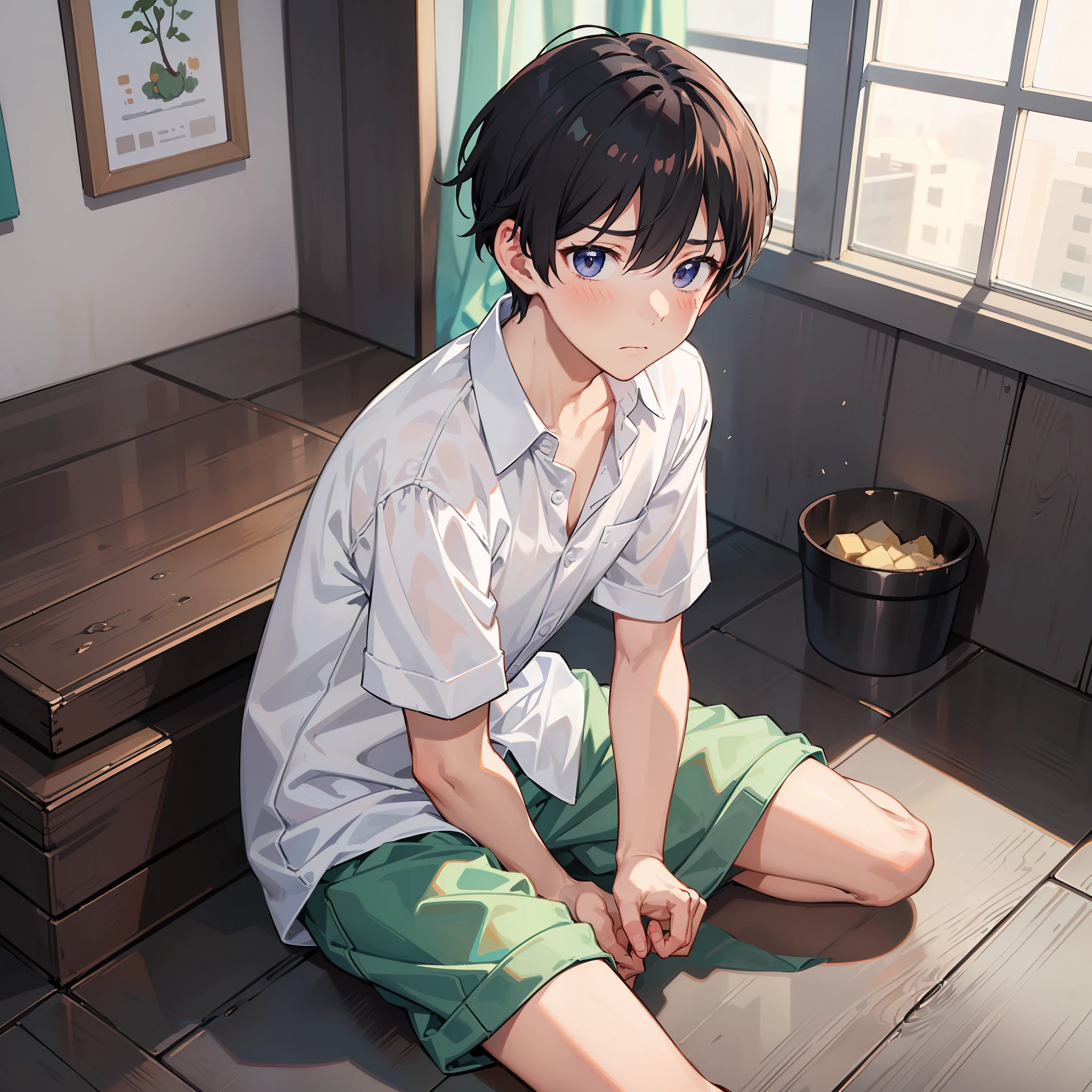 ((A boy)),adorable captivating,in a white shirt,He looked sad,Barefoot,sat on the ground。The blush gradually rises,Shy, But handsome。The picture style is fresh and simple,Rendered like a comic,The lens is shown as a vista,(Anime style+Soft cute),((Anatomically correct)),Accurate