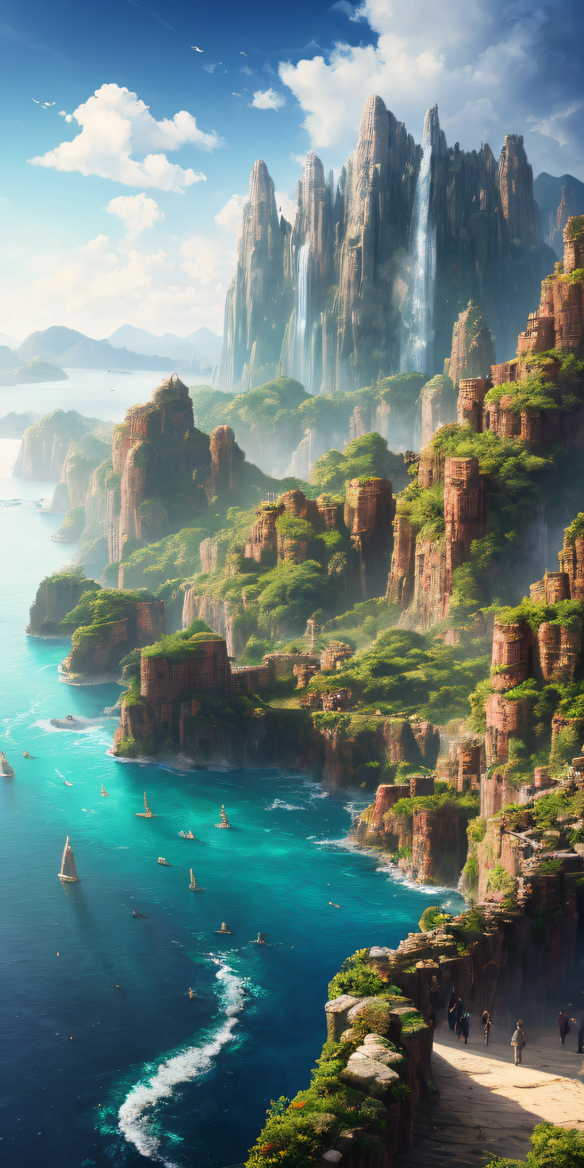 masterpiece, best quality, high quality, extremely detailed CG unity 8k wallpaper, scenery, outdoors, sky, cloud, day, no humans, mountain, landscape, water, tree, blue sky, waterfall, cliff, nature, lake, river, cloudy sky,award winning photography, Bokeh, Depth of Field, HDR, bloom, Chromatic Aberration ,Photorealistic,extremely detailed, trending on artstation, trending on CGsociety, Intricate, High Detail, dramatic, art by midjourney