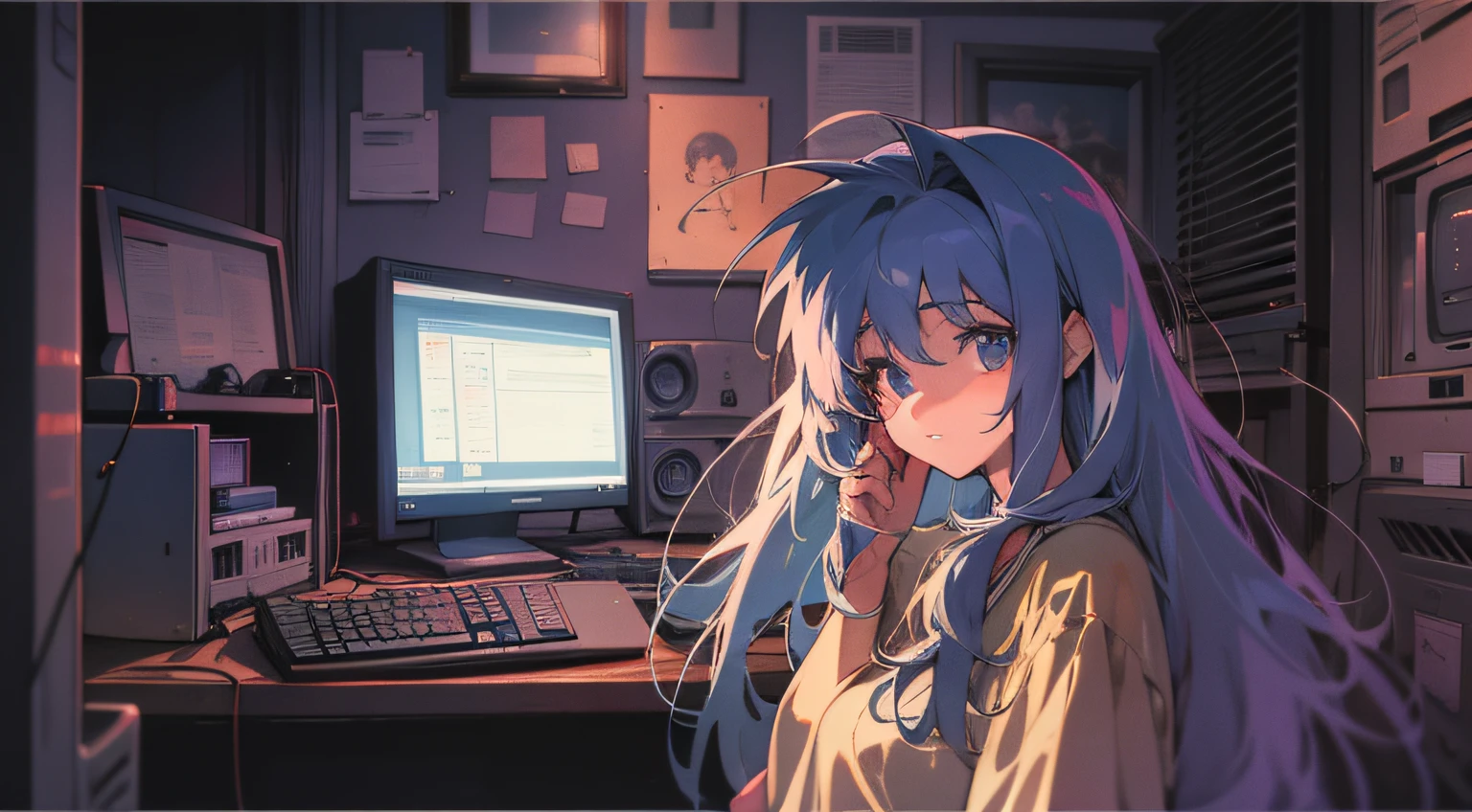 Dimly lit room, 1990s era, old large boxy computer, 90s computer setup, soft lighting, detailed anime wallpaper, blurred foreground