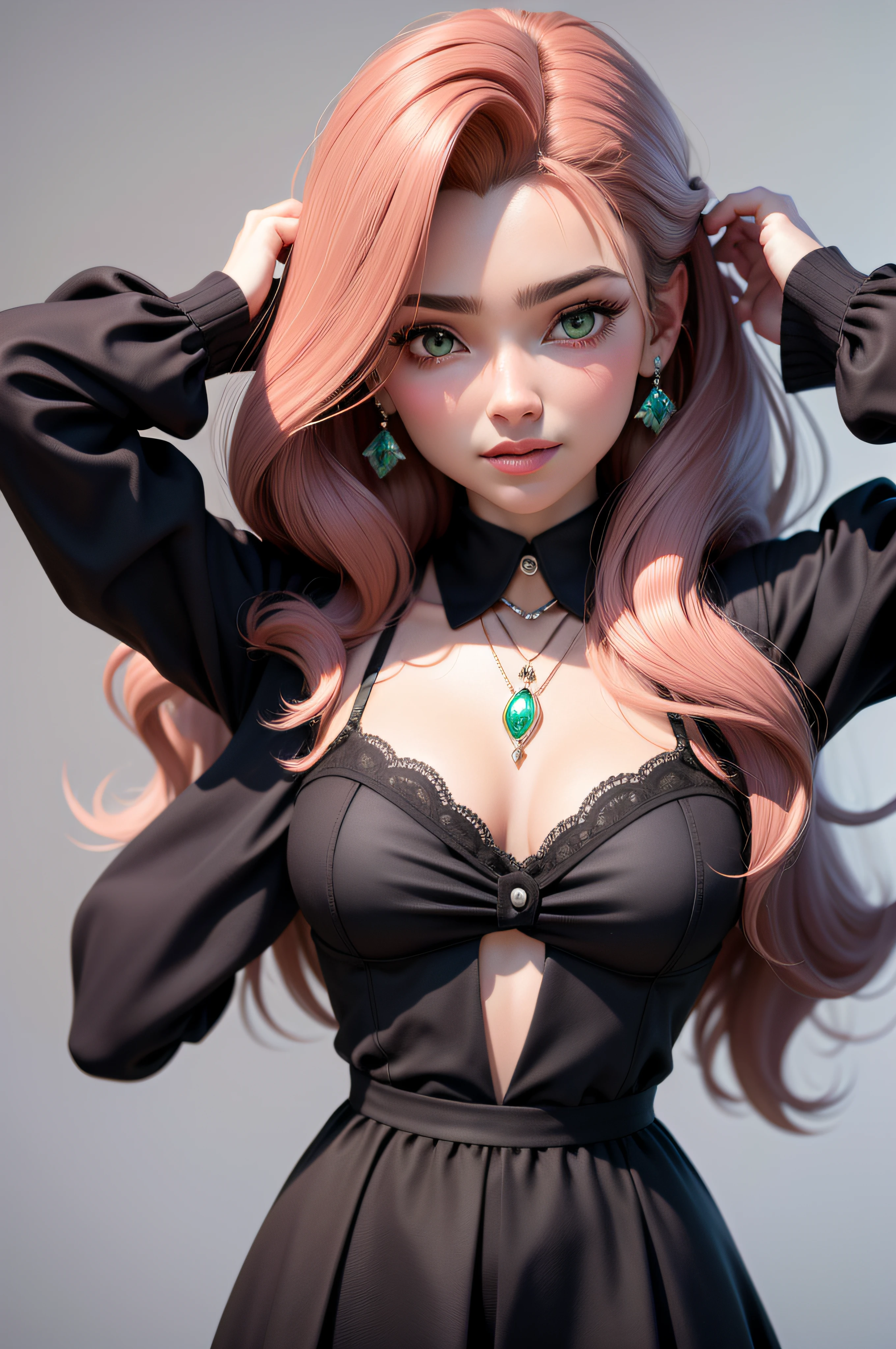 obra-prima, melhor qualidade, trabalho de rending 3d, estilo 3DMM, close-up, retrato, 3D, 1woman, solo, cabelo castanho, colar de corda, olhando para o lado, realista, parte superior do corpo, fundo simples, franja, olhando para longe, cabelo preto longo, separated-lips, maquiagem, cabelo encaracolado castanho longo, olhos verdes, lingerie rosa, decote, aerith gainsborough, aerith