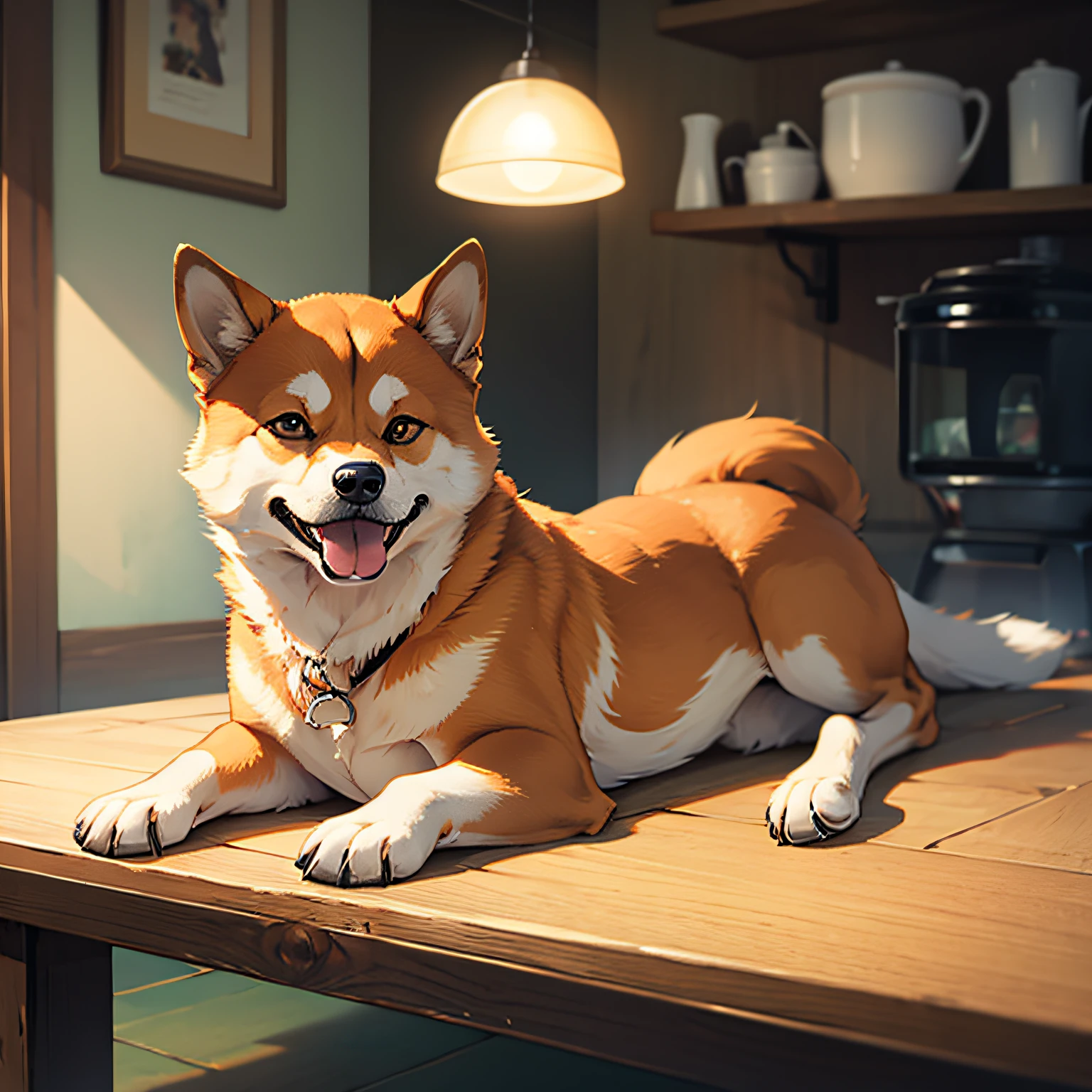 A Shiba Inu lying on a table smiling --auto