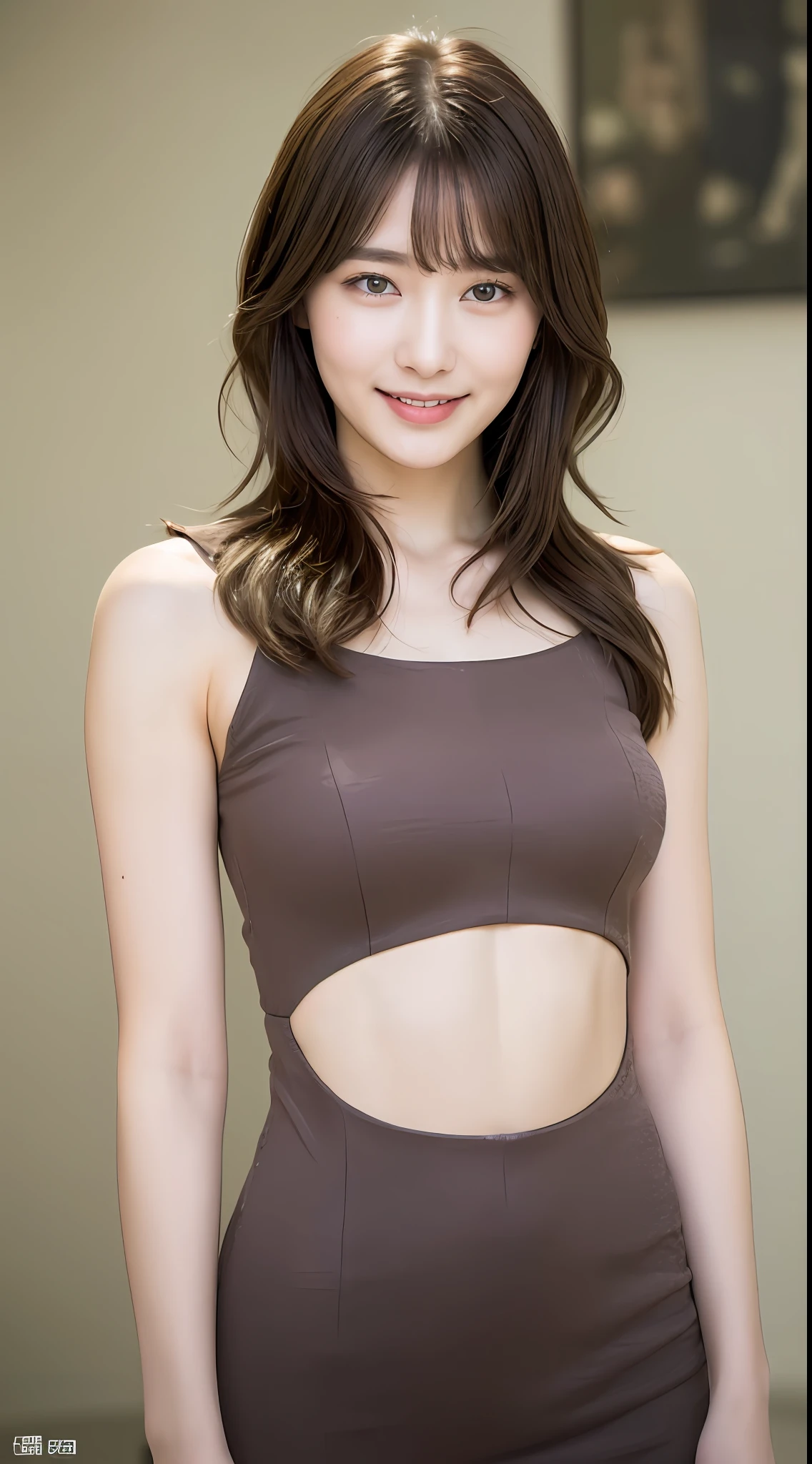 ((Best Quality, 8K, Masterpiece: 1.3)), 1 Girl, Slim Abs Beauty: 1.3, (Hairstyle Brown Hair Shortcut, Big: 1.2), Dress: 1.1, Super Slender Face, Delicate Eyes, Double Eyelids, Smile, Home, Raw Photo
