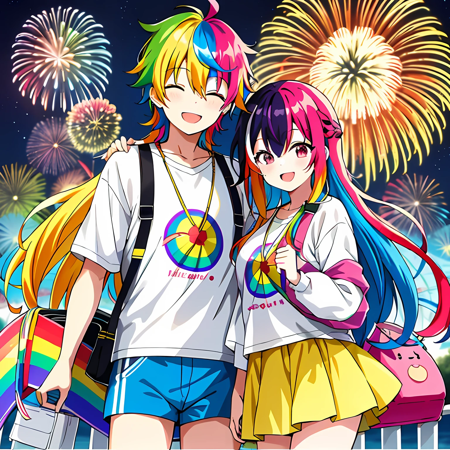 超A high resolution, nffsw, Best aesthetic, Best Quality, masutepiece, a couple,1人の女性, 1 male, The best smile, Smile and close your eyes, Very big mouth smile, rainbow hair, Embarrassing, multicolored hair, rainbow eyes, Stalls and fireworks background