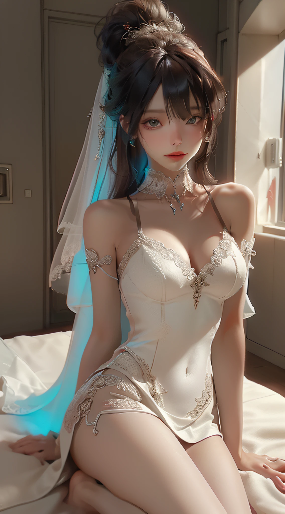 ((best qualtiy)), ((tmasterpiece)), (the detail:1.4), 3D, A beautiful cyberpunk female image,hdr（HighDynamicRange）,Ray traching,NVIDIA RTX,Hyper-Resolution,Unreal 5,Subsurface scattering、PBR Texture、post-proces、Anisotropy Filtering、depth of fields、maximum definition and sharpness、Many-Layer Textures、Albedo e mapas Speculares、Surface coloring、Accurate simulation of light-material interactions、perfectly proportions、rendering by octane、Two-colored light、largeaperture、Low ISO、White balance、the rule of thirds、8K raw data、The powder is tender and tender，Lie down in bed，seducing people，With your mouth open，Contains something，A collar is worn around his neck，Be led，Collar，Confused eyes，Infatuation，is shy，Beautiful and delicious，Prettily，Erotic lingerie，wedding gown，stocklings