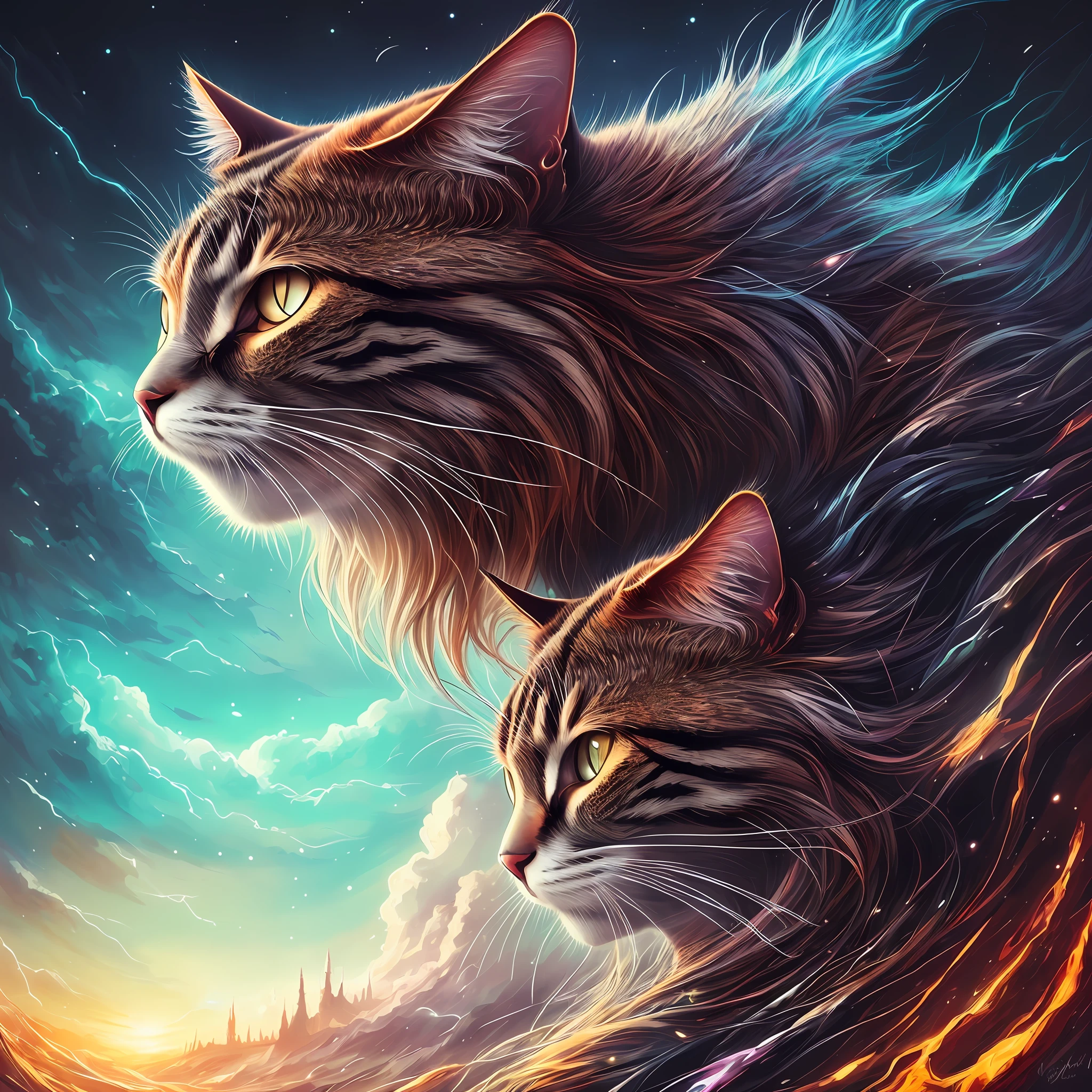 galactic cat with a lot of hair on it's head, third eye, staring at something in the distance, intricate details, electric, fantasy art, Anato Finnstark, emulsion painting, highly detailed, misty
rutkowski, hdr, hyperdetailed, rim light, faded, dim