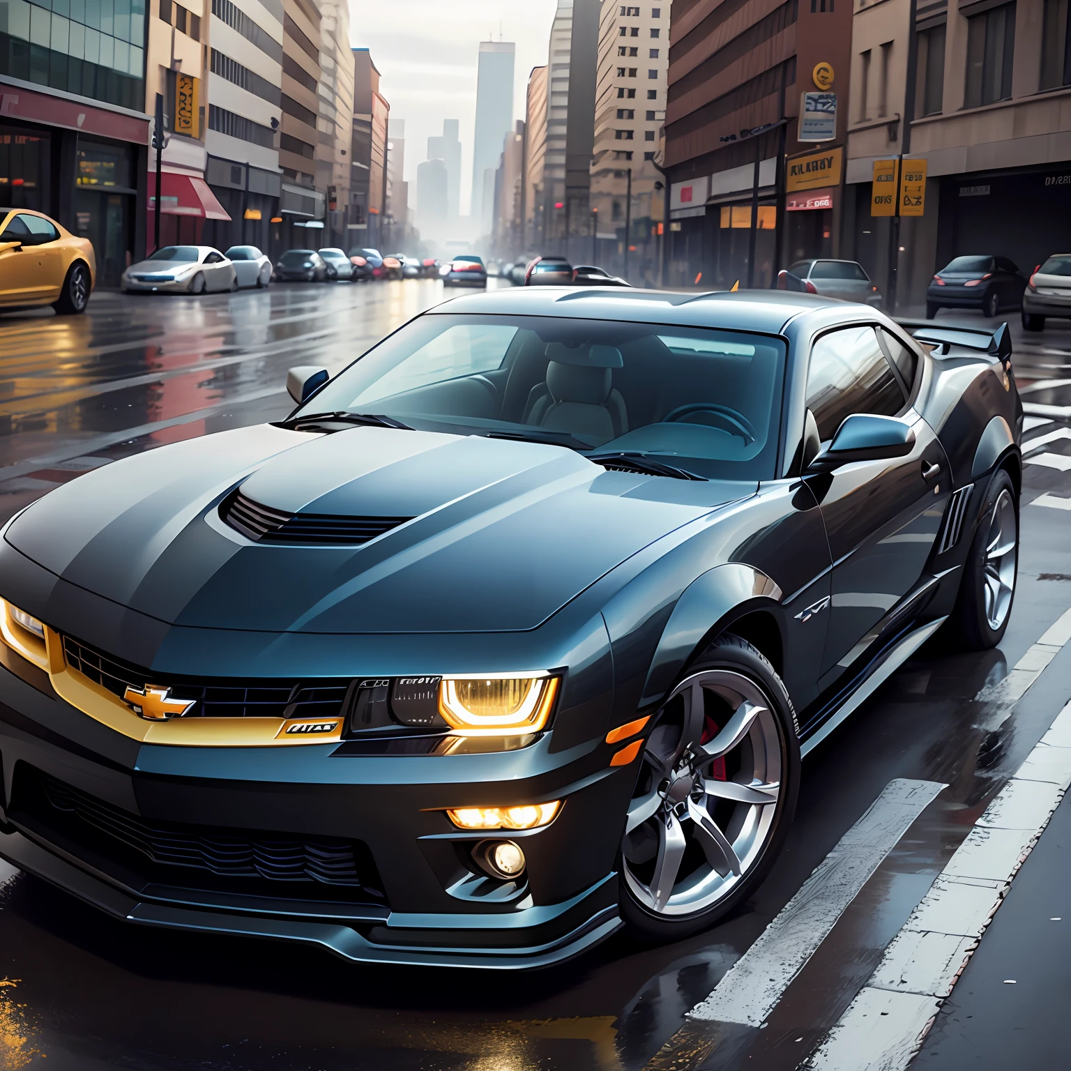 Chevrolet Camaro sports car rainy day city street cool details --auto