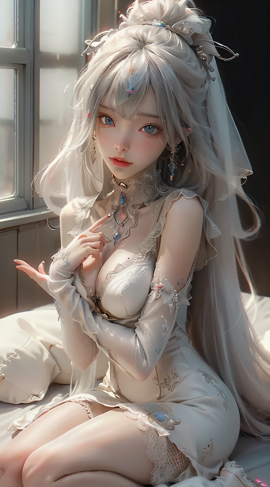 ((best qualtiy)), ((tmasterpiece)), (the detail:1.4), 3D, A beautiful cyberpunk female image,hdr(HighDynamicRange),Ray traching,NVIDIA RTX,Hyper-Resolution,Unreal 5,Subsurface scattering、PBR Texture、post-proces、Anisotropy Filtering、depth of fields、maximum definition and sharpness、Many-Layer Textures、Albedo e mapas Speculares、Surface coloring、Accurate simulation of light-material interactions、perfectly proportions、rendering by octane、Two-colored light、largeaperture、Low ISO、White balance、the rule of thirds、8K raw data、(Full body photo),The powder is tender and tender,Lie down in bed,seducing people,With your mouth open,Contains something,A collar is worn around his neck,Troubled woman,Confused eyes,Infatuation,is shy,Beautiful and delicious,Prettily,Erotic lingerie,(wedding gown:1.5),Detailed legs,Details of the hand,stocklings,(full bodyesbian:1.6)