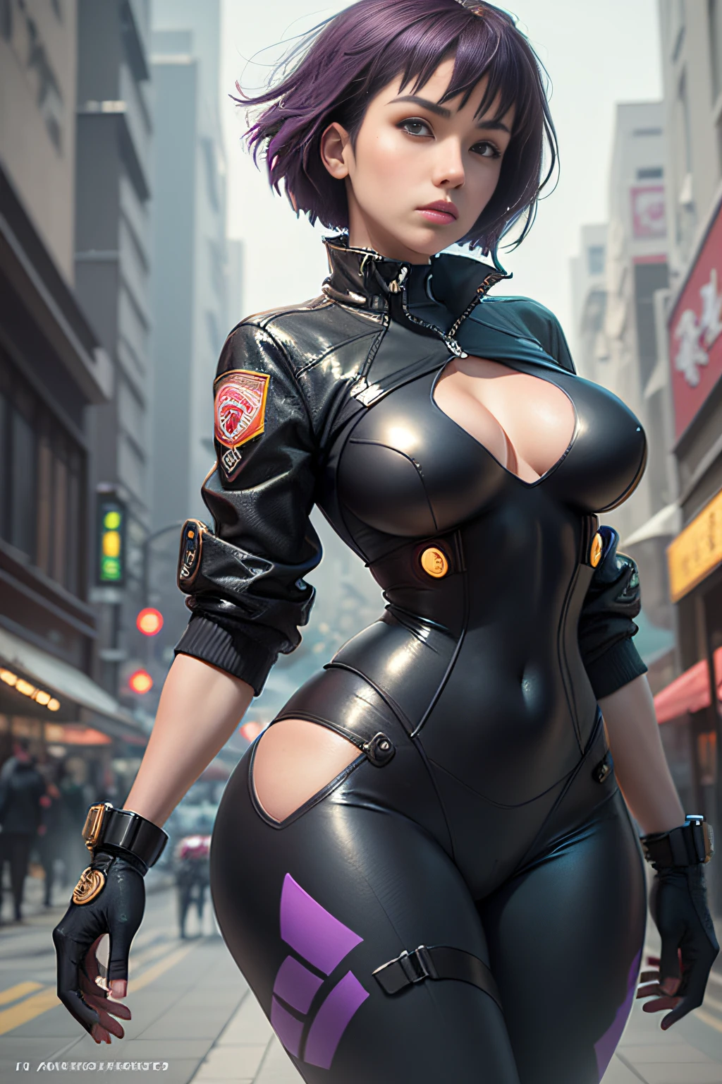 (Motoko Kusanagi as Jessica Alba.Sporty woman with short purple hair. She is wearing a (Big)) Futuristic sand-colored Japanese army jacket made of dense material. Black leggings and military boots) (movie footage ((Ghost in the Shell)) If it was filmed by director James Cameron in 1996 )) ((Casual clothing and image details correspond to the original manga.)) a 3D render, rendering by octane, intricately details, Cinematic, Background farmers market style James Cameron, trending on artstationh, isometry, Realistic shotgun, Centered hipereallistic cover photo, Awesome full color, handpainted, Dark, grittiness, Mucha, Klimt, erte 12k, High definition, Cinematic, neoprene, behance contest winner, portrait featured on unsplash, Stylized digital art, smooth, hyper HD, 8K, Unreal Engine 5, super sharp focus, masterpiece of intricate artwork, has cleavage