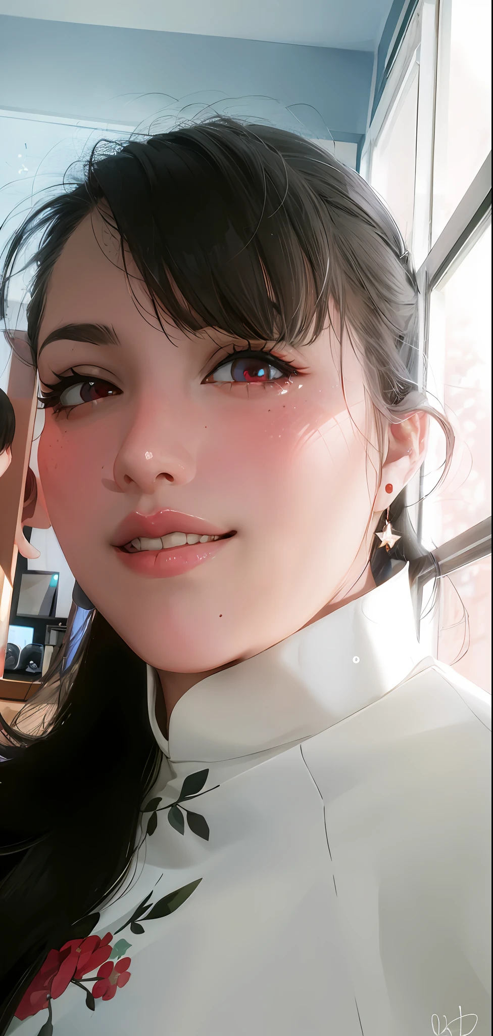 realistic, 1girl, hair over one eye, parted lips, blush, makeup, light smile, pajamas, glow, thighs, red eyes, collarbone, narrow waist, bedroom, window, moon, on side, (masterpiece), television, wallpaper, moonlight, underwear,