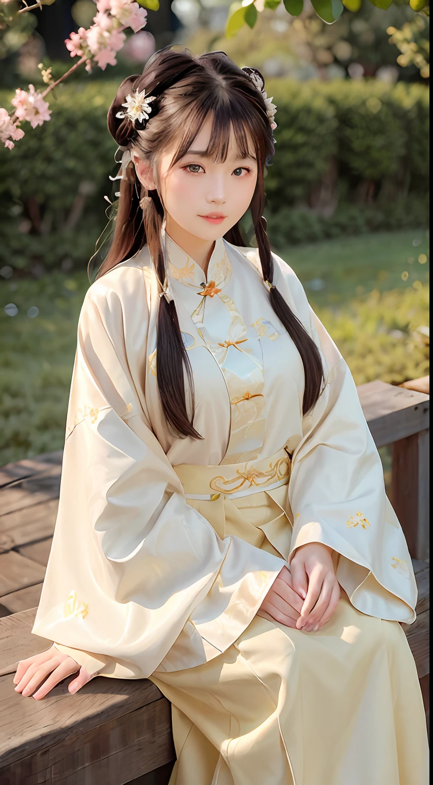 (8k, best quality, masterpiece:1.2), (realistic, photo-realistic), (1girl), solo, detailed golden eyes, long hair, sitting, close to viewer, (Hanfu, ming, ming Dynasty, ming clothing: 1.4),  light smile,  (arms behind back), water, sunny, (Sakura bloom),  snow mountain lake in the background,