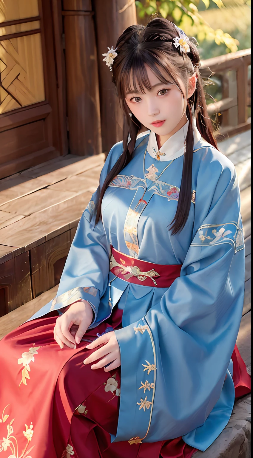 (8k, best quality, masterpiece:1.2), (realistic, photo-realistic), (1girl), solo, detailed golden eyes, long hair, sitting, close to viewer, (Hanfu, ming, ming Dynasty, ming clothing: 1.4), light smile, (arms behind back), water, sunny, (Sakura bloom), snow mountain lake in the background,