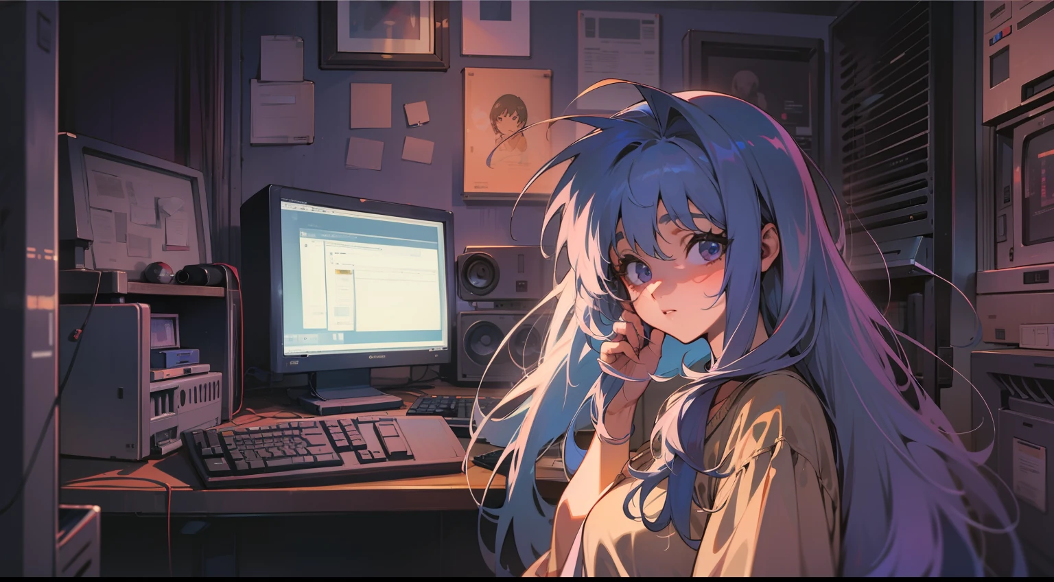 Dimly lit room, 1990s era, old large boxy computer, 90s computer setup, soft lighting, detailed anime wallpaper, blurred foreground